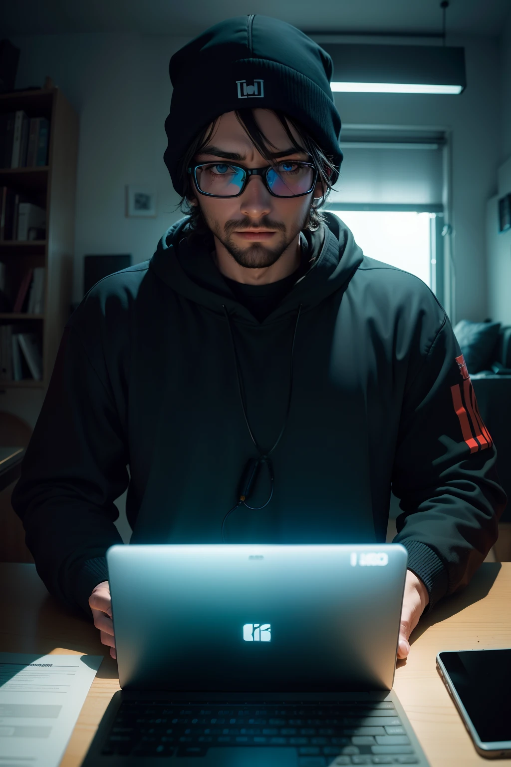 um homem em uma sala cyberpunk trabalhando em Laptop, Fotografia 8k, 50mm f/1.8 lentes, luz natural, nigth hora, alto contraste, studio illumination, nigthlight entrando. fotografia profissional, quarto escuro, neon vermelho de uma casa, mesa do computador, Redfones, home office, um homem vestindo um moletom preto com capuz, Usando fones de ouvido, Alaska