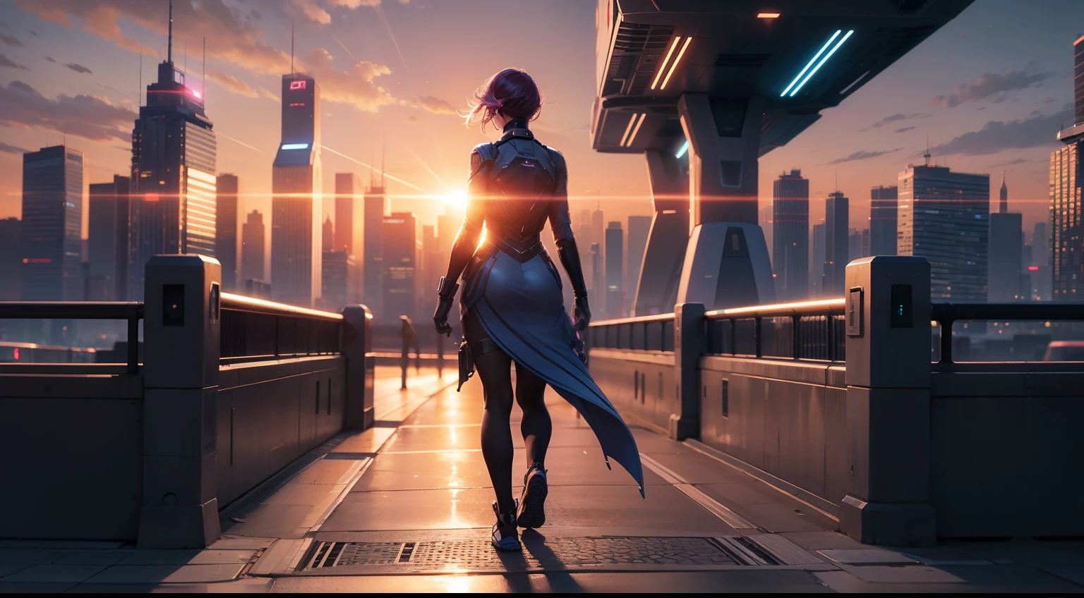 Produce a futuristic cityscape at sunset, featuring a confident woman walking along a glowing pathway.