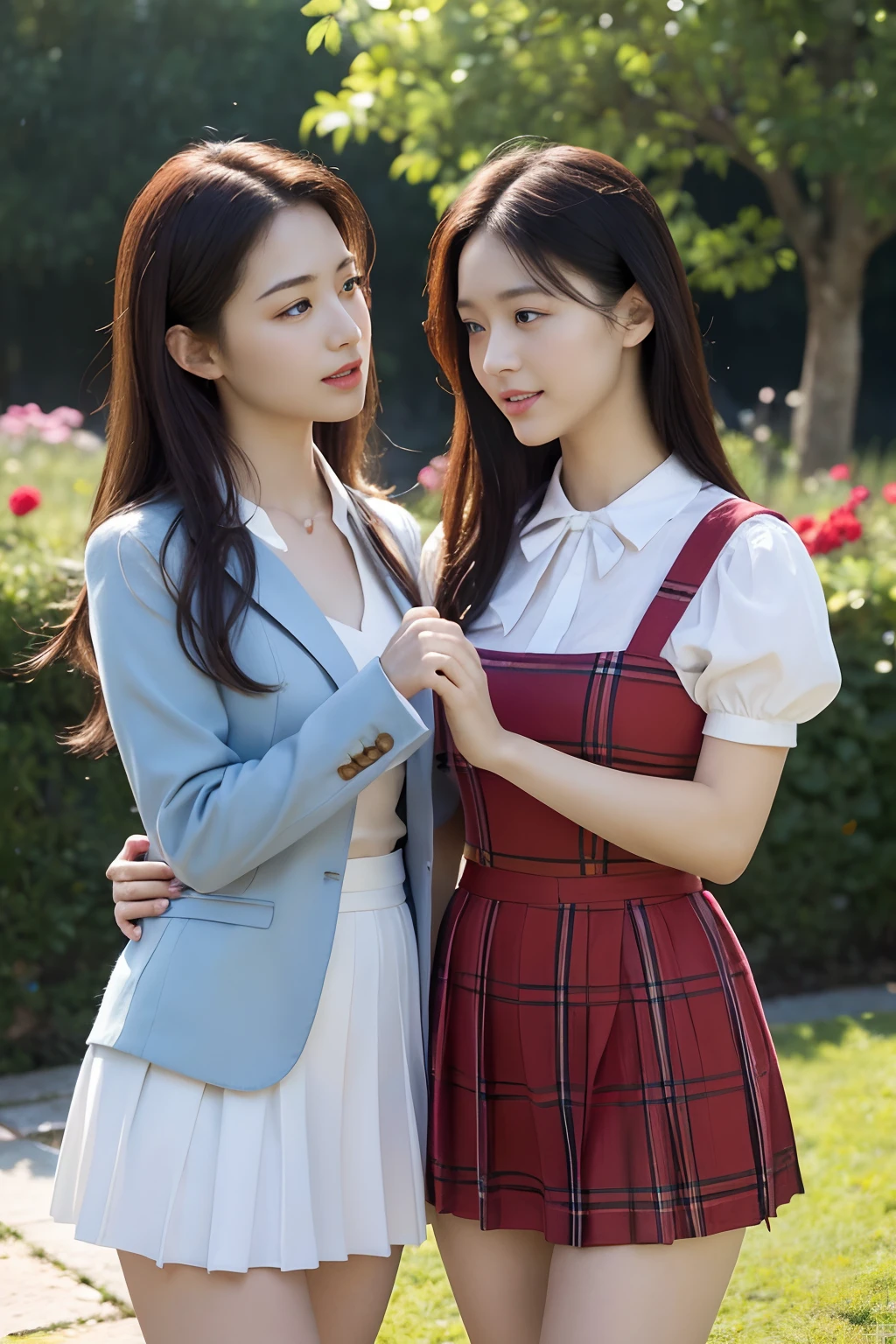 primitive, (((Two girls,duo,caressing the))),Nikon Z 85mm, award-winning glamorous photography,((Best quality)), ((Masterpiece)), ((Realistic)), "Beautiful female characters in anime style,Short blue hair、eBlue eyes、A smile、blazers、White shirt、red bowtie、red plaid skirt、Figures in black stockings、Bouquet in hand、Scene of dancing in a summer garden。With high-quality depictions and the highest quality、emphasizing thighs、In the bright sun、The whole body glows、Paint a gorgeous picture." ((freckle)), Intricate details, Highly detailed, Sharp focus, professional, 4K, divine rays, Hand model, stunning blue eyes, small, Delicate, Innocent, high resolution, Detailed facial features, High detail, Sharp focus, smooth, Aesthetic, Extremely detailed, Photorealistic, Realistic, Post-processing, Maximum detail, Roughness, Real life, Ultra photo realsisim, Photorealism, Photography, 8K UHD, Photography, light SEMI-SILHOUETTE, russian face