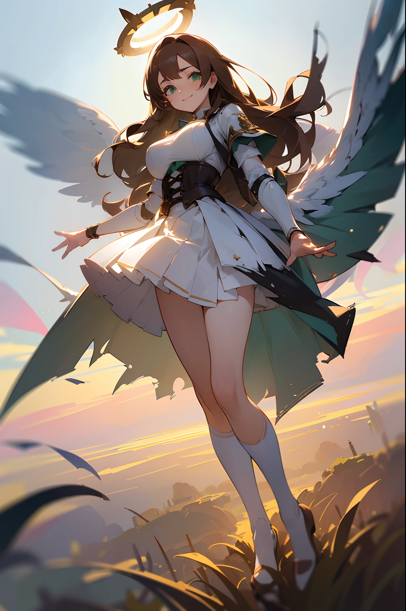((brown hair)), ((long hair)), ((white skirt)),((pleated mini skirt)), ((flipping skirt)), ((showing white underwear:1.5)), ((blue corset)),((breastplate)), ((8K)), ((masterpiece)), ((wing)),((halo)),((big breast)),((14 years old)),((lily)),((full body)), ((green eyes)), ((light smile)),((scenery)), ((1 girl)), ((detailed)), ((moody lighting)), ((depth of field)),((overturning)),((close eyes)),((pain)),((torn clothes))