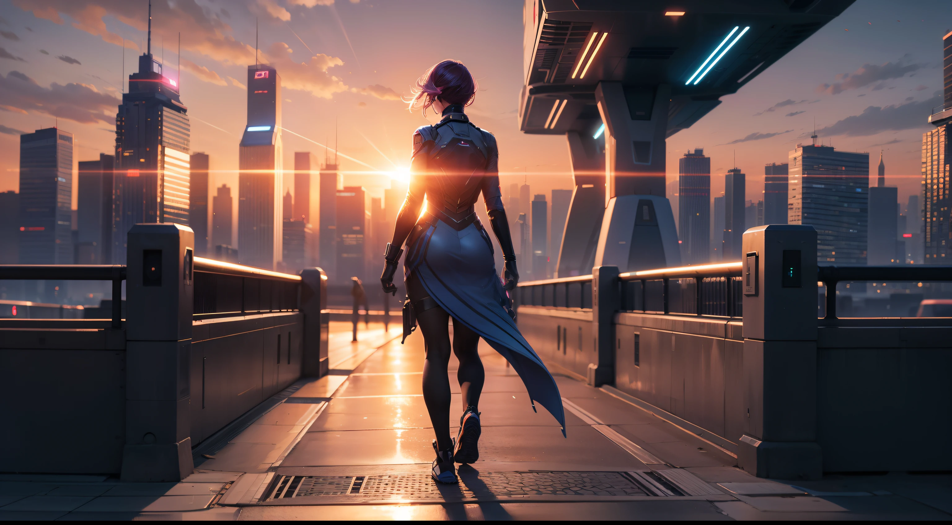 Produce a futuristic cityscape at sunset, featuring a confident woman walking along a glowing pathway.