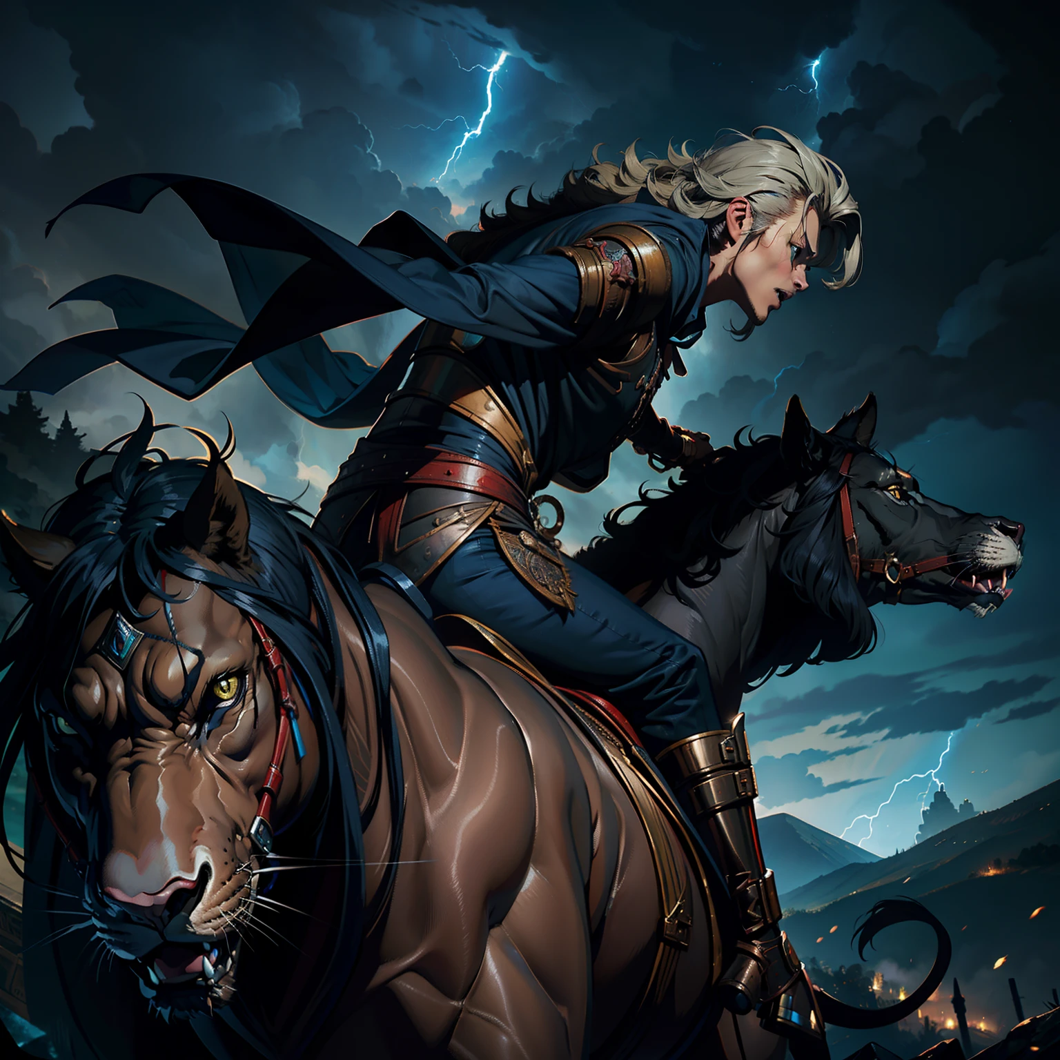 Castlevania Lord of the shadows bald handsome muscular full moroccan Armor riding great Legendary roaring lion with thunder storm Epic scene super detailed hyper realistic master piece super detailed face