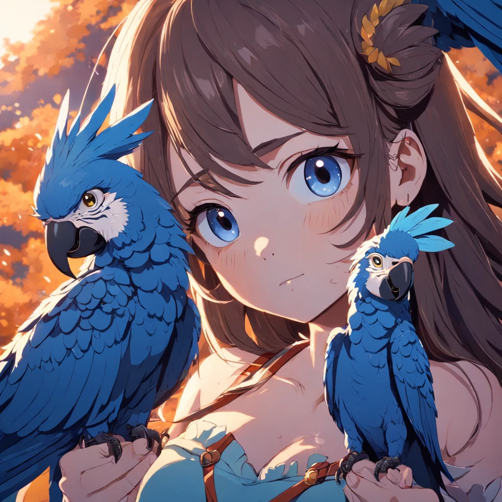 Uma capa para banner do Youtube do nicho animal. I want a blue macaw at the top of the image and with great sharpness. Feito por uma lente 50mm.