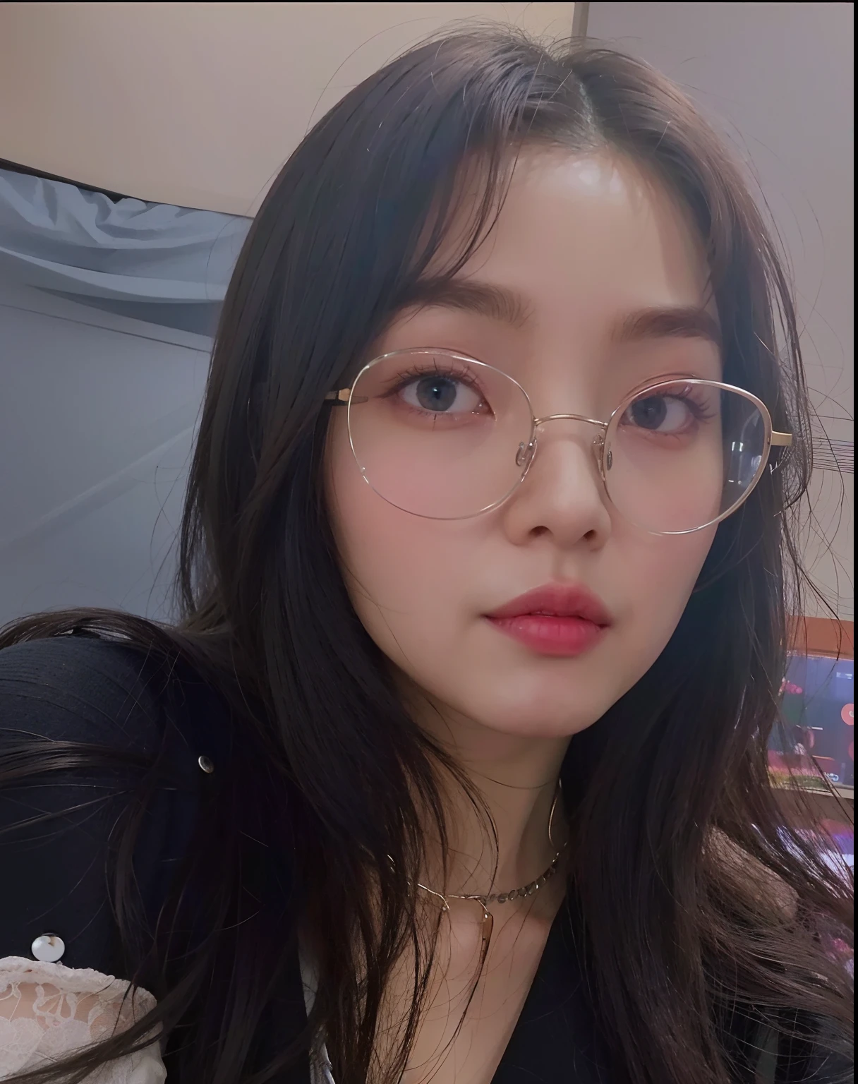there is a woman with glasses and a black top posing for a picture, with glasses, jaeyeon nam, headshot profile picture, heonhwa choe, ulzzang, inspired by Kim Jeong-hui, taejune kim, jinyoung shin, wearing thin large round glasses, xintong chen, very very low quality picture, wenfei ye, gongbi