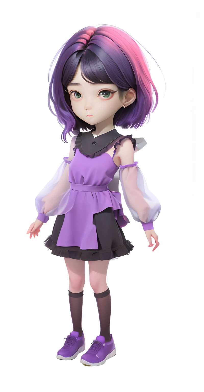 20 year old female,huge tit , low-contrast, Plain fabric,Not highlighted , Black color hair、Girl in green dress and purple shoes, !!Full body portrait!!
