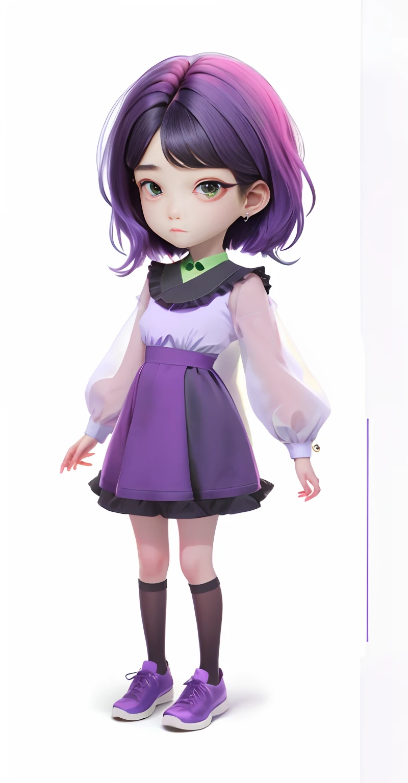 20 year old female,huge tit , low-contrast, Plain fabric,Not highlighted , Black color hair、Girl in green dress and purple shoes, !!Full body portrait!!