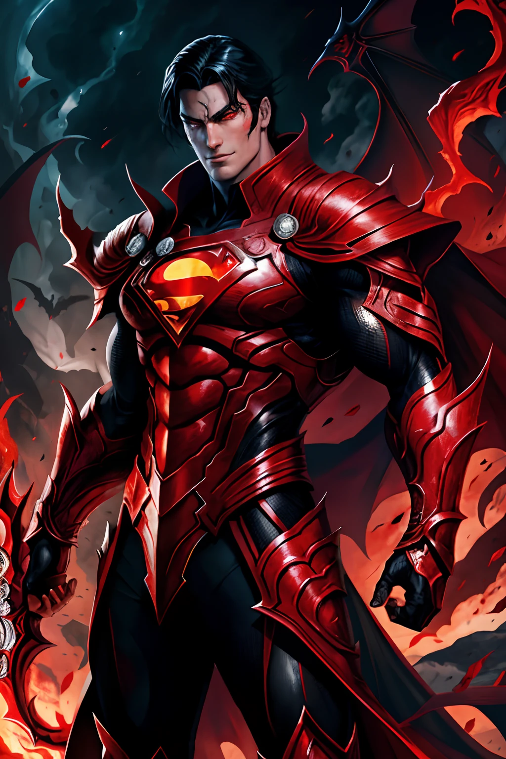 superman's full-body scene with a handsome male face, red eyes, alduin, sharp fiery red eyes, darksiders art style, armor reflecting demon-inspired black flames, with fiery red eyes, crazy guts, black ancalagon.