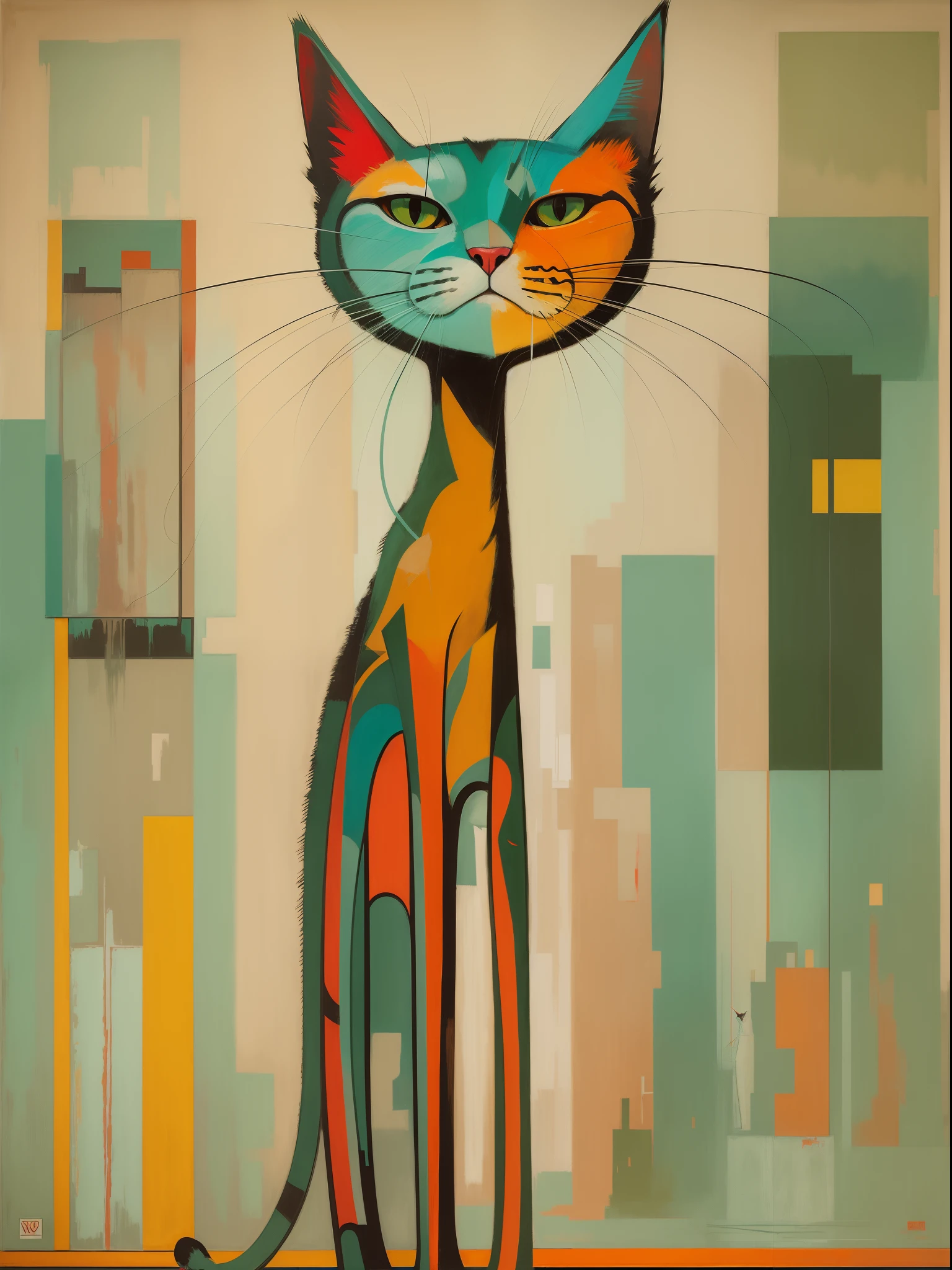 A super long legged cat by rothko and pop art and cubism