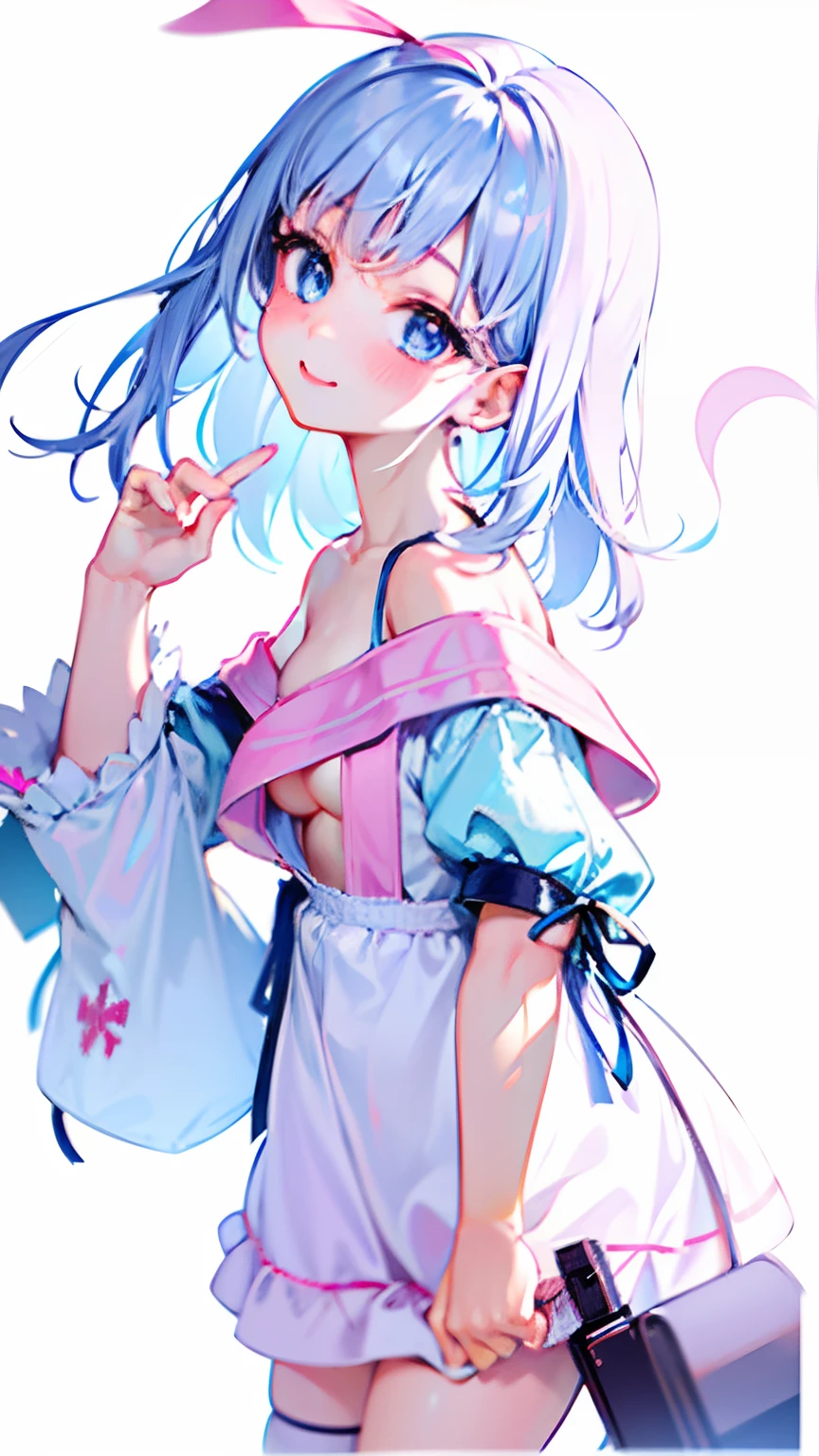 (8K、4K、Top image quality、hight resolution、超A high resolution:1.1)、(masterpiece、realisitic、Photorealsitic:1.1)Elementary school girl、petite short stature、Young and cute idol smile、(Huge breasts)(Clothed big breasts , breasts,a miniskirt)Raw feet、Double piece with hands raised (White plain clothes ,Shoulder knitting,)