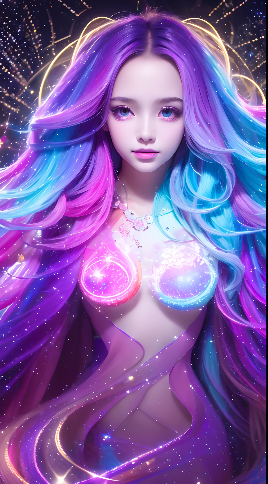 Background: Mysterious quantum environment, Cosmic elements and ethereal atmosphere,A mix of bright lights and colorful nebulae. Theme: A mysterious girl with a magical aura. She has long, Colorful wavy curls, The shiny hair stands out. His eyes are deep and expressive, Reflection Universe. She wore a flowing dress in purple and blue, With intricate details and mysterious textures. Color Palette: A combination of mysterious shades such as cosmic purple, Sky blue, Soft pink and a touch of gold. Create contrasts, Increase depth, Dark color, Such as dark purple or night blue. Aesthetics: The aesthetic combines elements of Mistycore, Known for its mysterious and ethereal atmosphere, and crystal cores, With its crystal clarity and sparkling details. The girl exudes magical energy,Her presence hangs over her,mesmerising. Covered with: Keep subtle glowing effects and glitter overlays around the girl, Covered with: Add a soft glow effect around the girl and crystal, It seems to exude magic. Also, Add small details of flash,Enhance the ethereal atmosphere.1female