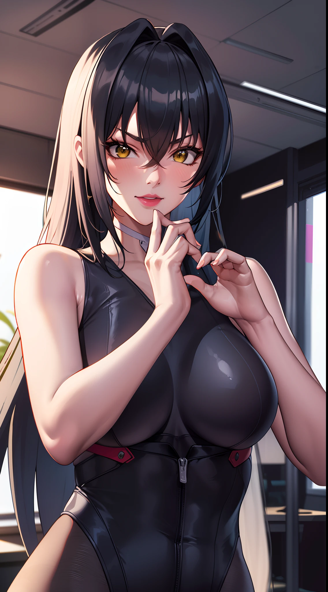 professional artwork, Intricate Details, field of view, sharp focus, detailed painting, photorealistic lighting, trending on pixiv,(masterpiece:1.0),(best_quality:1.0), ultra high res, ultra-detailed, photography, 8K, HDR, highres, absurdres:1.2, Kodak portra 400, film grain, sharp focus, bokeh:1.2, lens flare, (vibrant_color:1.2), (((indoors, office details))), Annerose, 1girl, female mature, black hair, long hair, (yellow eyes), ((leotard:1.4)), skin tight, hair intakes, (solo:1.4), (upper body, half body shot), seductive, (((seductive pose))),