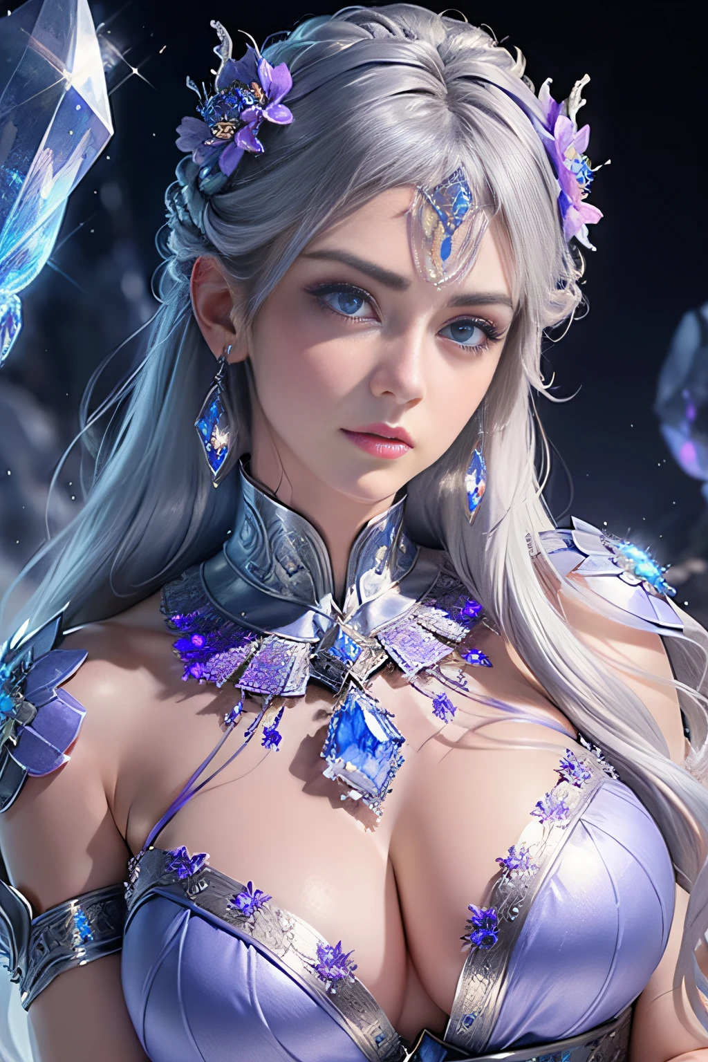 Bust of a beautiful noble maiden,Gray hair is elegantly coiled,(((A huge crystal on the chest))),Blue and purple clear eyes,The hair is covered with beautiful and delicate floral craftsmanship, Crystal jewelry filigree,jewelry,Ultra-detailed details