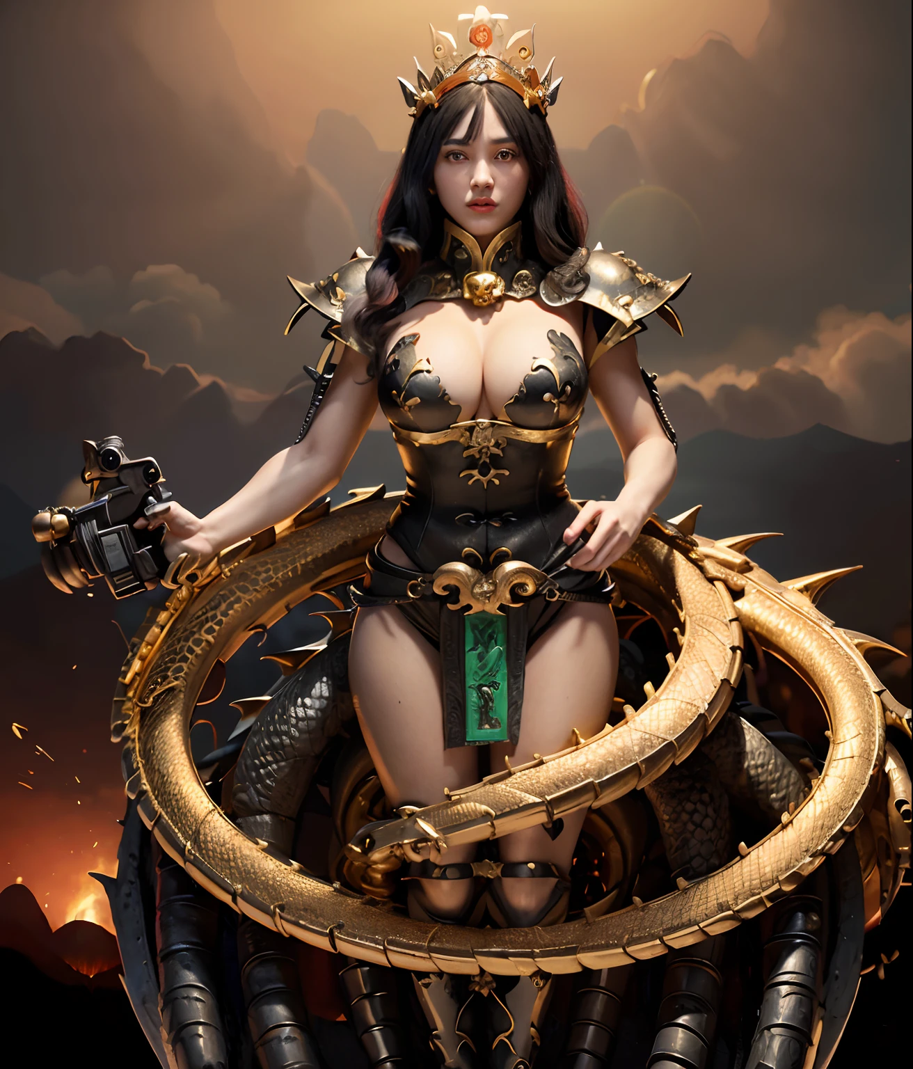 Professional , ​masterpiece、top-quality、photos realistic , depth of fields （Gemstone Black Metal Body:1.９),(Enamel Black、（cleavage of the breast）、（Chinese Dragon）、Dragon Gold Weapon（Dragon Metal Body:1.４),Gorgeous gold weapons ,（（ Dragon's dense and gorgeous sword）） , Beautiful knife   ,warhammer 40k , adepta sororitas,Detail and gorgeous crown、（（Brown hair））、（Legion in iron armor on background）、（Castle background）、The dragon、（（Gangle's forest background））、Beautiful Caucasian beauty、（１a person）、dynamic ungle,(((Detailed and ornate Black Devil Crown)))、Smaller head、A smile、Castle background、Thin and beautiful female hands、cleavage of the breast、Soldier in iron armor on background、Mystical expression、Light Effects、Wind-effect、magic circles、With the legendary magic wand、（demonic wings）、Toostock、