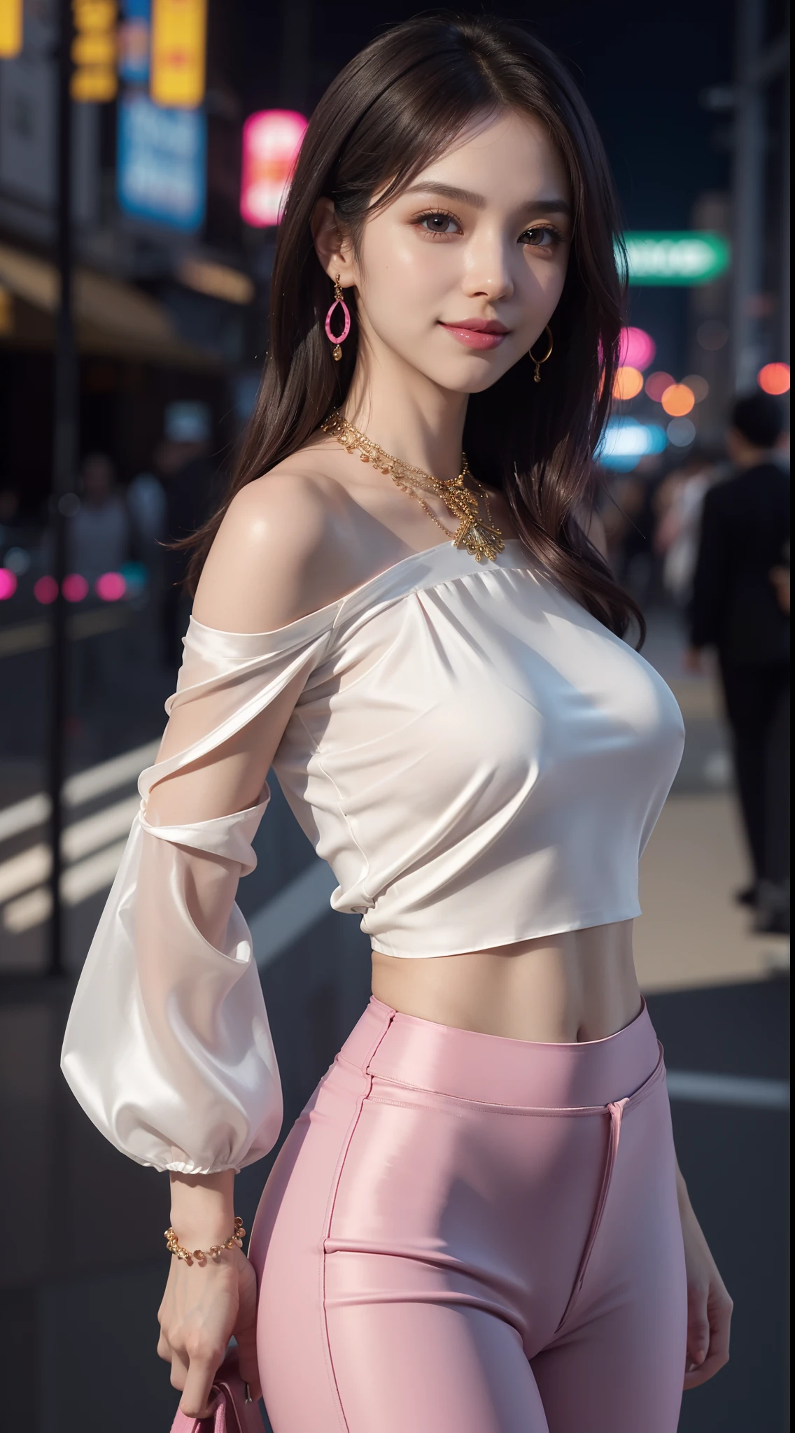 8k, masterpiece, RAW photo, best quality, photorealistic, extremely detailed CG unity 8k wallpaper, Depth of field, Cinematic Light, Lens Flare, Ray tracing, (extremely beautiful face, beautiful lips, beautiful eyes), intricate detail face, ((ultra detailed skin)) 1girl, in the dark, deep shadow, pretty korean girl, kpop idol,(very slim slender fit-muscled body:1.3), ((looking at viewer)),(big smile:1.3), (night, (neon sign), (blurry background), midnight, (without people in the background:1.3), pretty korean girl, white diamond earrings, bracelets, necklace, pantyhose, clear eyes, walking , front shot, (pale skin), face forward, (big eyes), full body shot, ((see through blouse)), (hot pink color blouse)), ((skirt)), (looking at viewer:1.3), very slim, medium breasts, Hermes bag