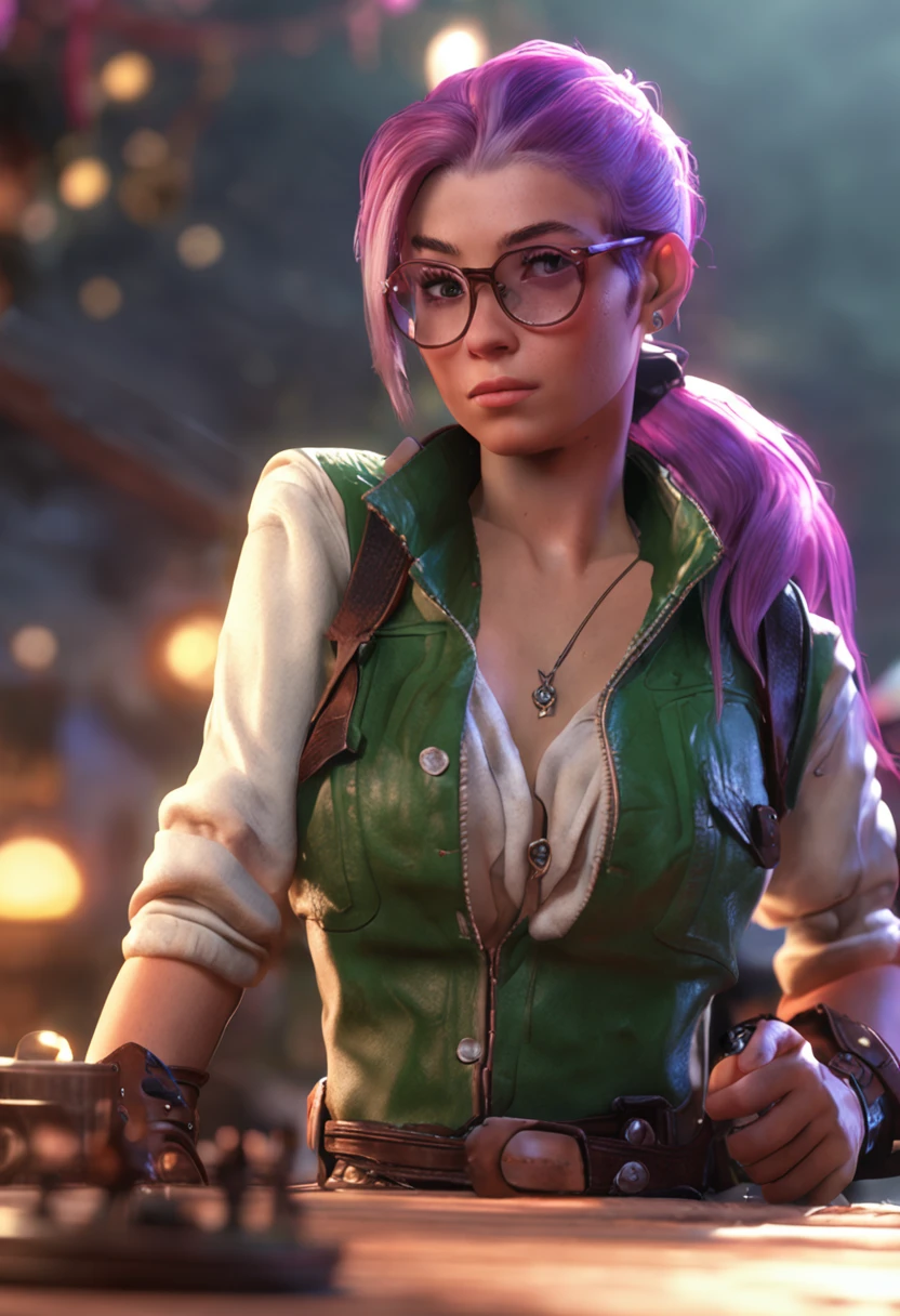 1girl in, Cowboy Shot, beautiful zenin_Maki,Ponytail,Glasses,Bangs,Green hair,Brown eyes,Purple jacket, medium breasts, Cowboy Shot, Coffee , Volumetric lighting, Best Quality, masutepiece, Intricate details, tonemapping, Sharp Focus, Hyper Detailed, Trending on ArtStation,