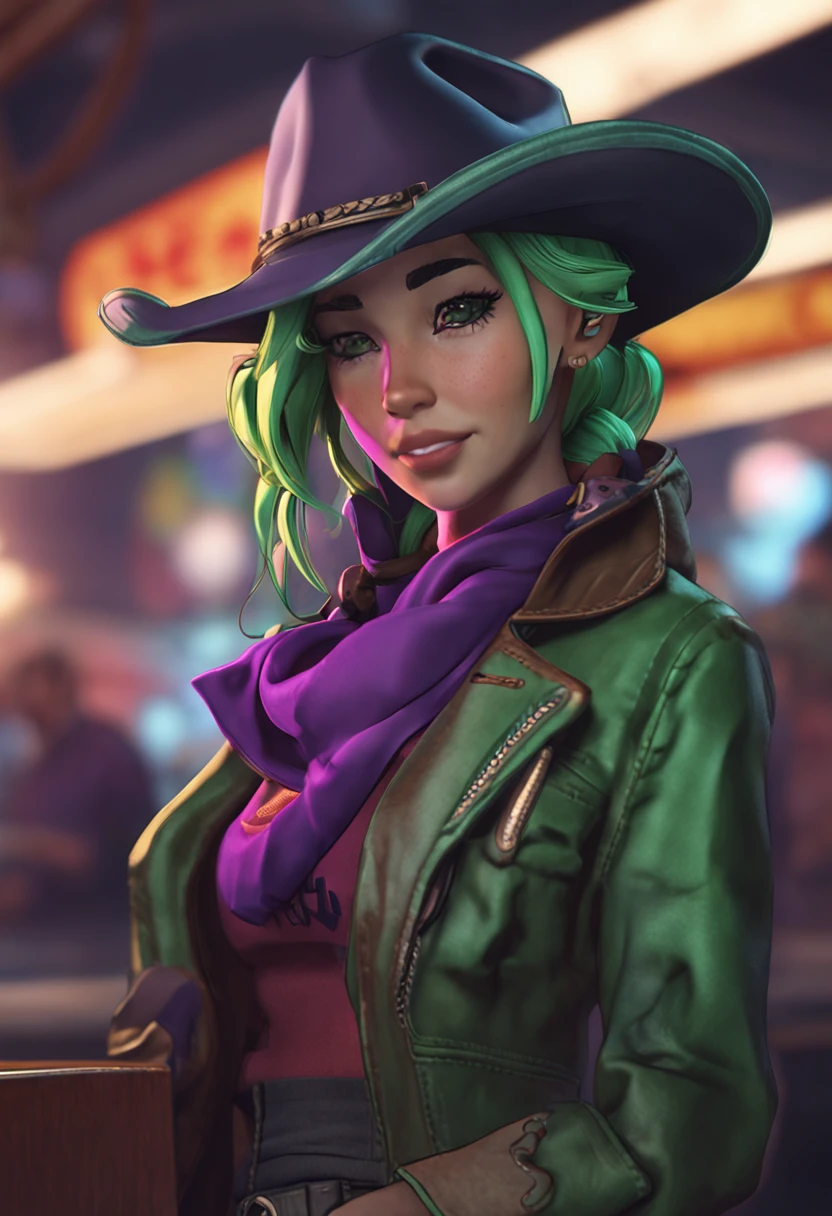 1girl in, Cowboy Shot, beautiful zenin_Maki,Ponytail,Glasses,Bangs,Green hair,Brown eyes,Purple jacket, medium breasts⁩, Cowboy Shot, Coffee , Volumetric lighting, Best Quality, masutepiece, Intricate details, tonemapping, Sharp Focus, Hyper Detailed, Trending on ArtStation,
