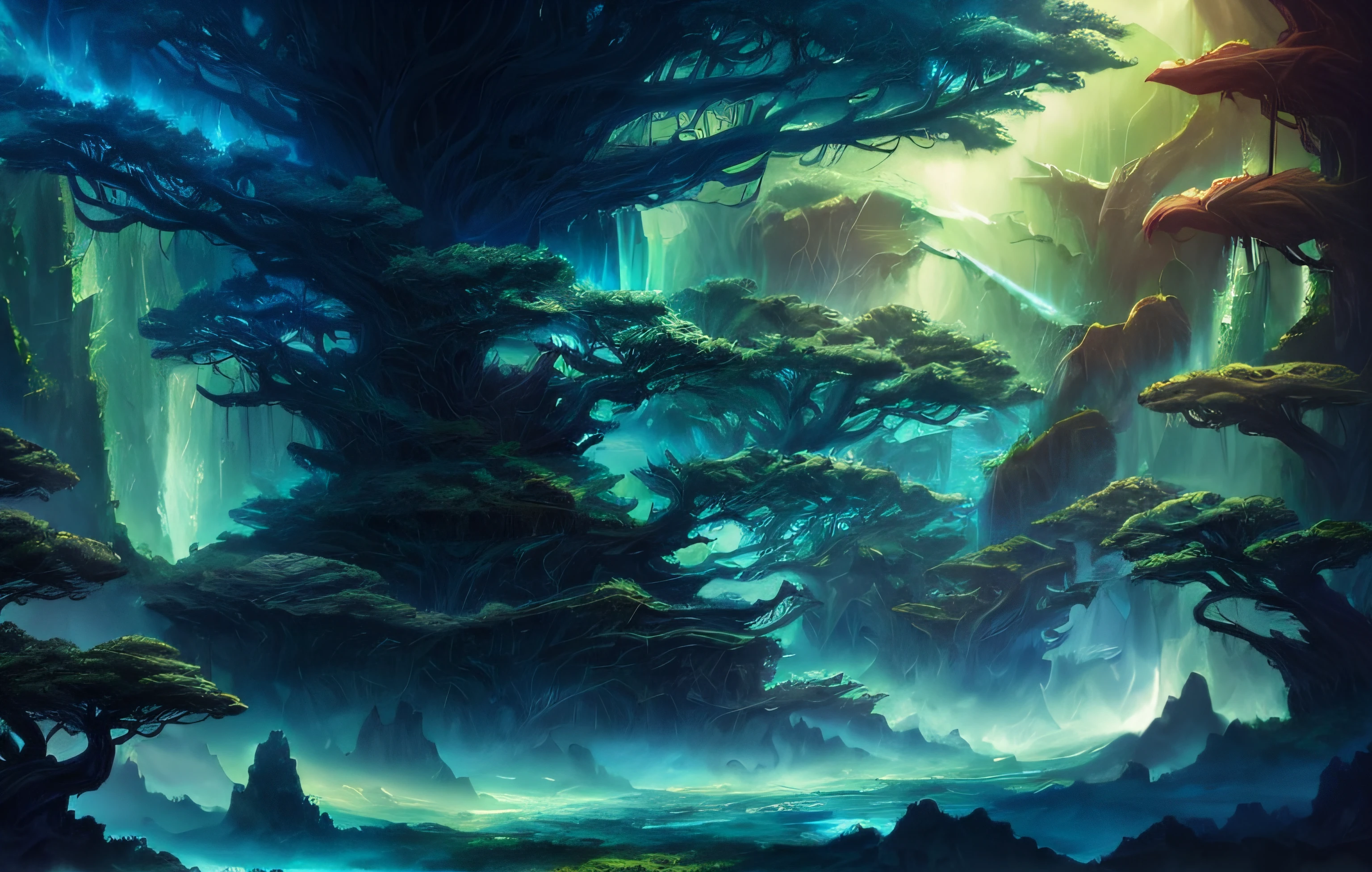 A mystical and epic landscape, featuring a fantastical and surreal world, giant trees, and mythical creatures, that transport the viewer to a world of imagination and wonder, artstation, digital art, intricate, trending, bright colors,4K