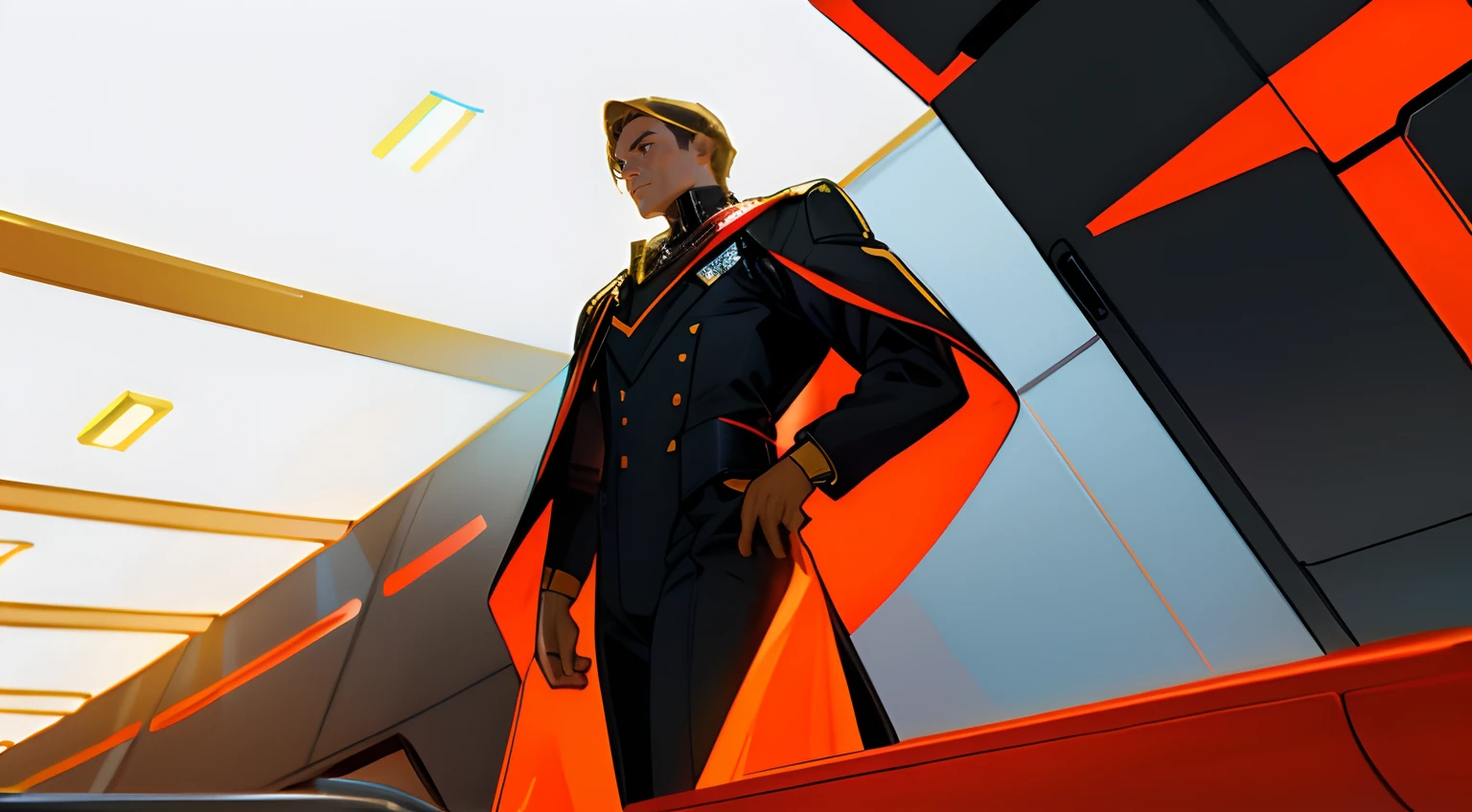 A man standing on a spaceship hall , wearing a black , golden , white , red , full body scifi armor