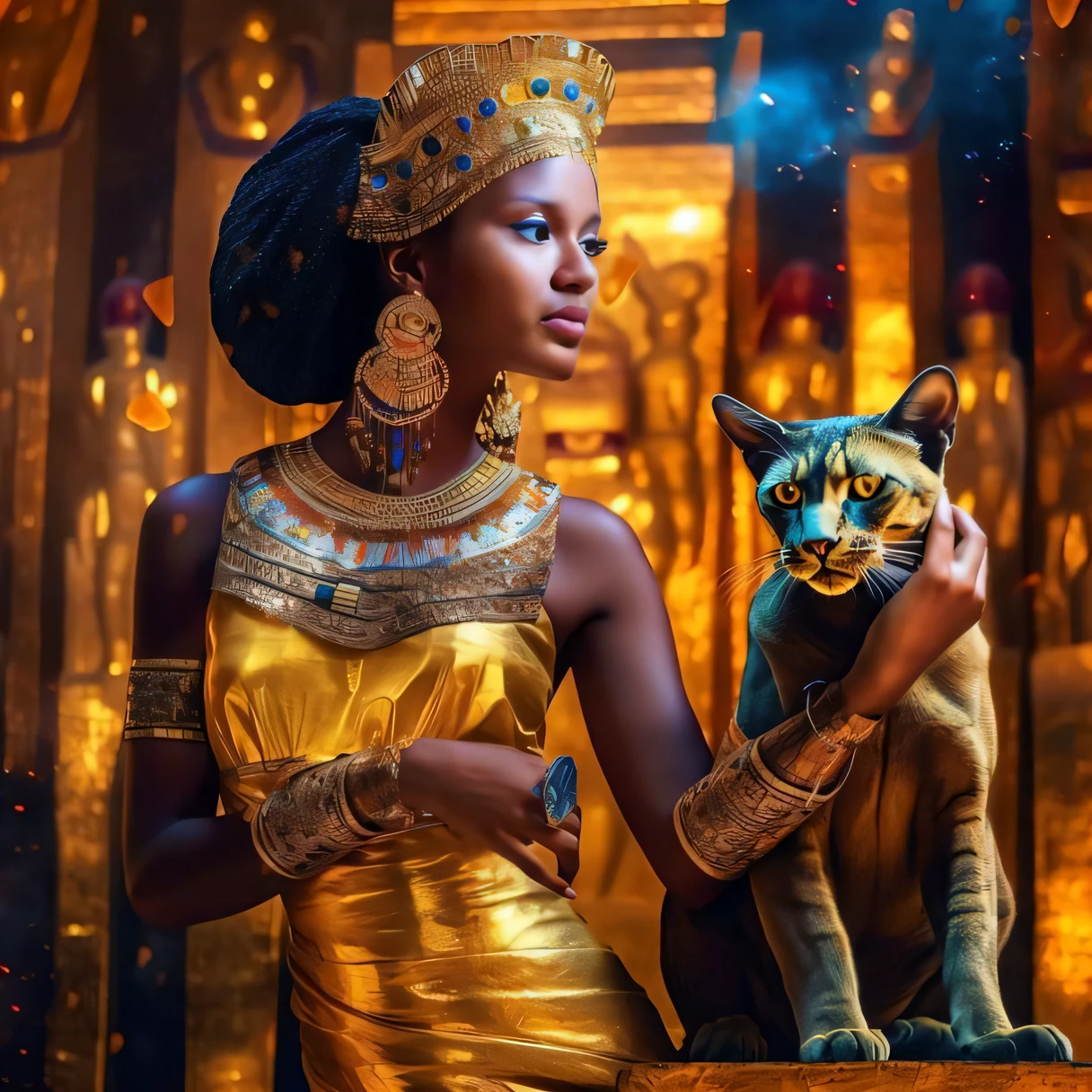 uma mulher em um vestido dourado segurando um gato na frente de uma parede de ouro, Princesa africana deslumbrante, Egyptian Princess, beautiful cleopatra, egyptian cat goddess, Rainha africana, egyptian style, Princesa negra africana, black emma watson as egyptian, Bastet, mulher linda, Princesa Africana, kemetic, wearing an egyptian crown, egyptian clothes, egyptian clothes
