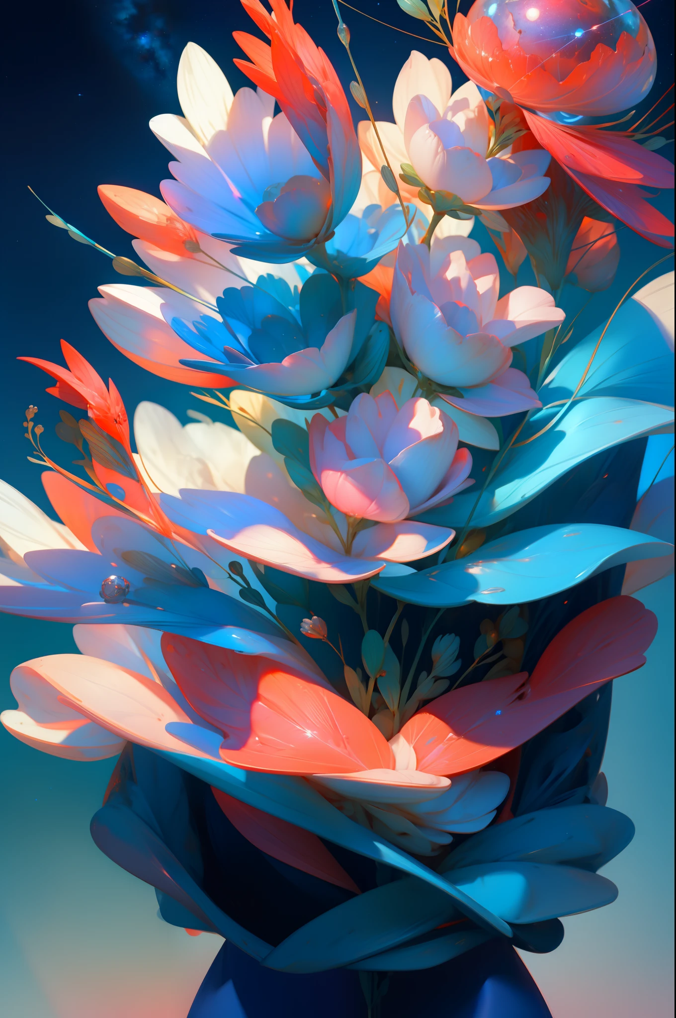 Blue Crane，blue and red and white，Close-up of upper body，Close-up photos，jewelery，Visions of heaven and earth，diamond，carp，The background is the Milky Way，solar system