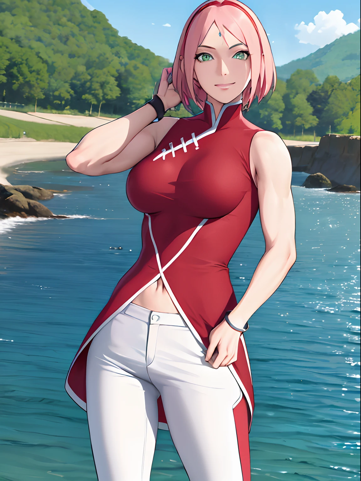 Meisterwerk, 1 Tsd., portrait, Gesichtsschuss, Professionelle Kunstwerke, Detaillierter Strandhintergrund, Komplizierte Details, bunt, Digitales Mischen, (ultra-detailed body, Ultra-detailliertes Haar, Ultra-Detail-Gesicht), Auf Pixiv im Trend, friendly smile, very hot color, best quality, Anime-Stil: 1.9, 1girls, Entgelte, Haruno Sakura, Kontrastreiche Beleuchtung, (Stirnfleck, milf, rotes Haarband, blasse Haut, kurzes Haar, ((red sleeveless dress), white pants), Nabel, Leiste, Armband, Blick auf den Betrachter,, Rosa Haare, green eyes, smil, Strand, Wind, flowy hair, Detailliertes Wappen, Off-Schultern, slightly muscular arms, stehend), Sonniger Tag,sexy,show breasts,show nipples
