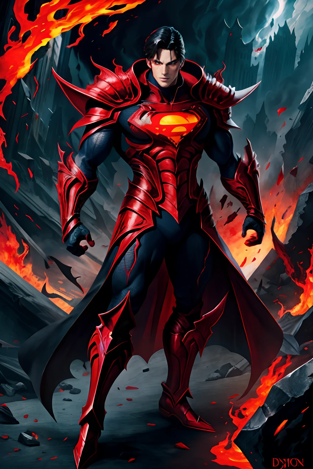 superman's full-body scene with a handsome male face, red eyes, alduin, sharp fiery red eyes, darksiders art style, armor reflecting demon-inspired black flames, with fiery red eyes, crazy guts, black ancalagon.