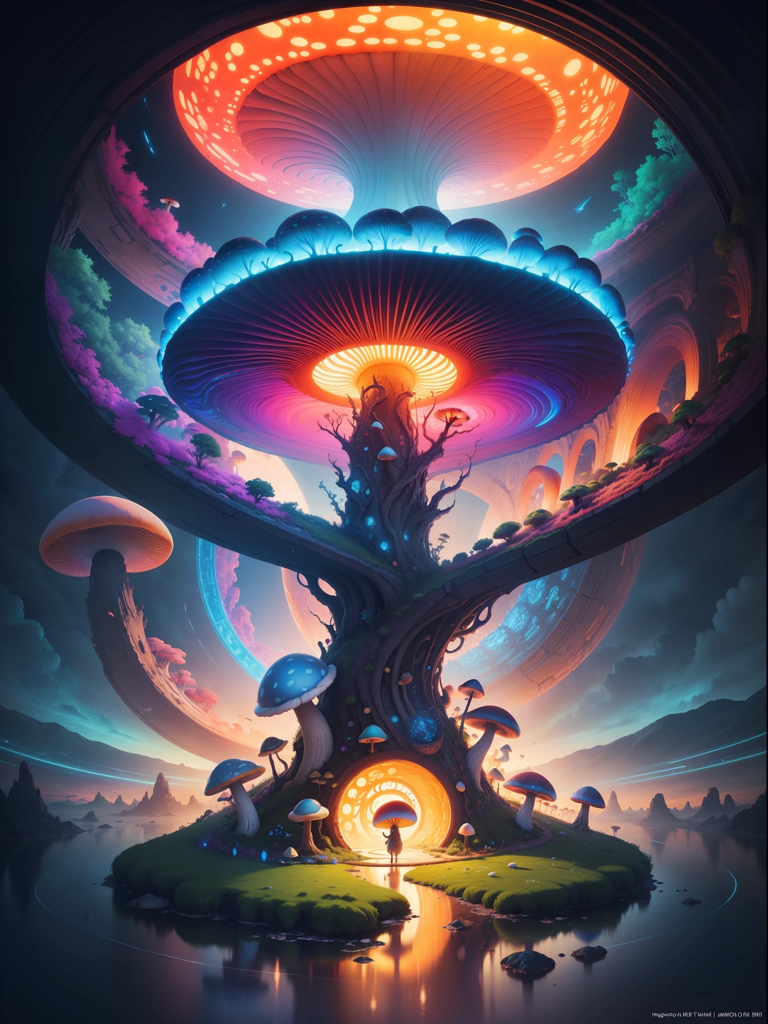 an image of a mushroom sculpture, in the style of digital fantasy landscapes, colorful futurism, referential painting, spiral vortex patterns, impressive skies, uhd image, panel composition mastery --ar 1:2 00 --c 35 --s 2