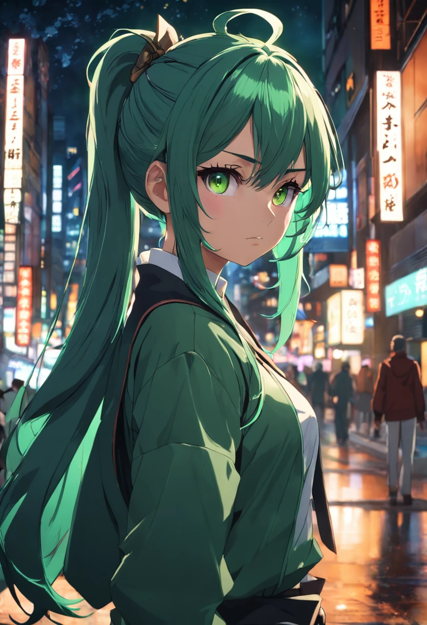 1girl, cowboy shot, beautiful ,zenin_maki,ponytail,glasses,bangs,green hair,brown eyes, outdoors, jujutsu_uniform, night,city , volumetric lighting, best quality, masterpiece, intricate details, tonemapping, sharp focus, hyper detailed, trending on Artstation