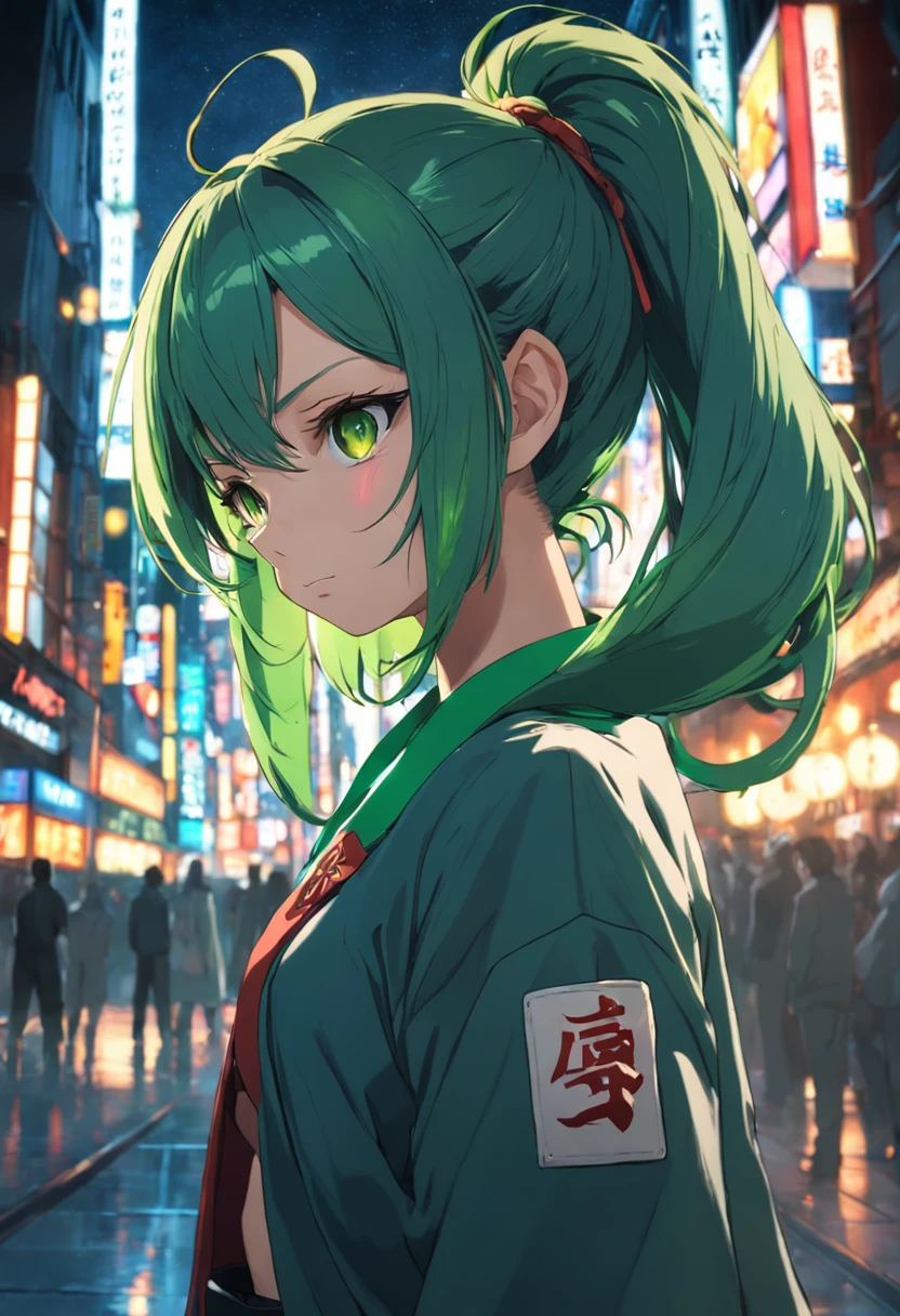 1girl, cowboy shot, beautiful ,zenin_maki,ponytail,glasses,bangs,green hair,brown eyes, outdoors, jujutsu_uniform, night,city , volumetric lighting, best quality, masterpiece, intricate details, tonemapping, sharp focus, hyper detailed, trending on Artstation