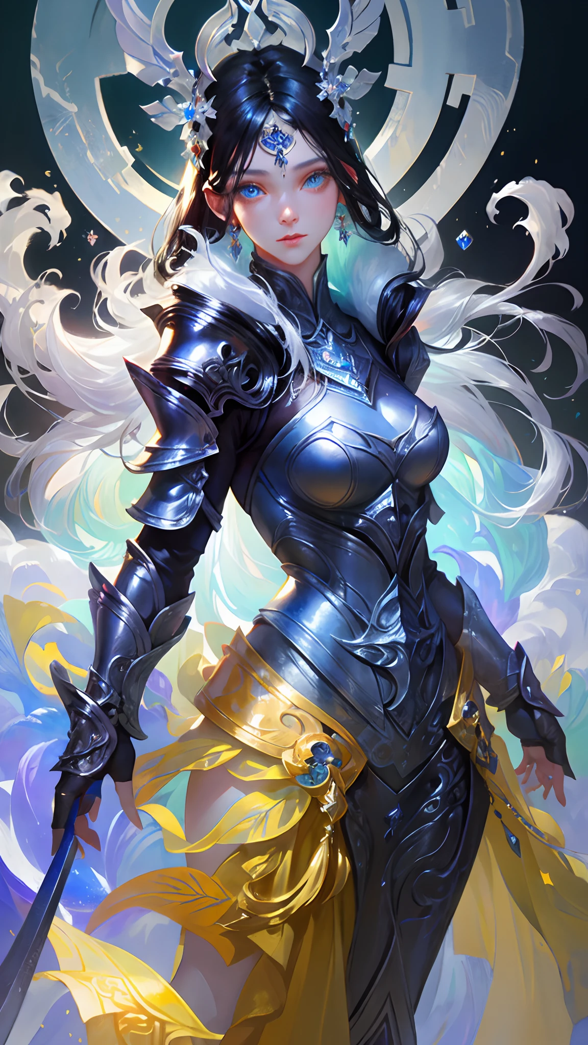 1girl, depth of field, official art, unity 8k wallpaper, ultra detailed, illustration, beautiful and aesthetic, masterpiece, best quality, knight, (big breasts), (milf, mature female), (black armor, armor, breastplate), beautiful face, (long hair, black hair,  very straight hair:1.4, hime cut:1.4), blue eyes, cowboy shot, glowing skin, back lighting, athletic figure, muscular female, curvy, wide hips, colorful, looking at viewer, Hyperrealistic, gradient background, dark background, outline, fantasy, from the front, watercolor, traditional media, (chromatic aberration, intricate details)