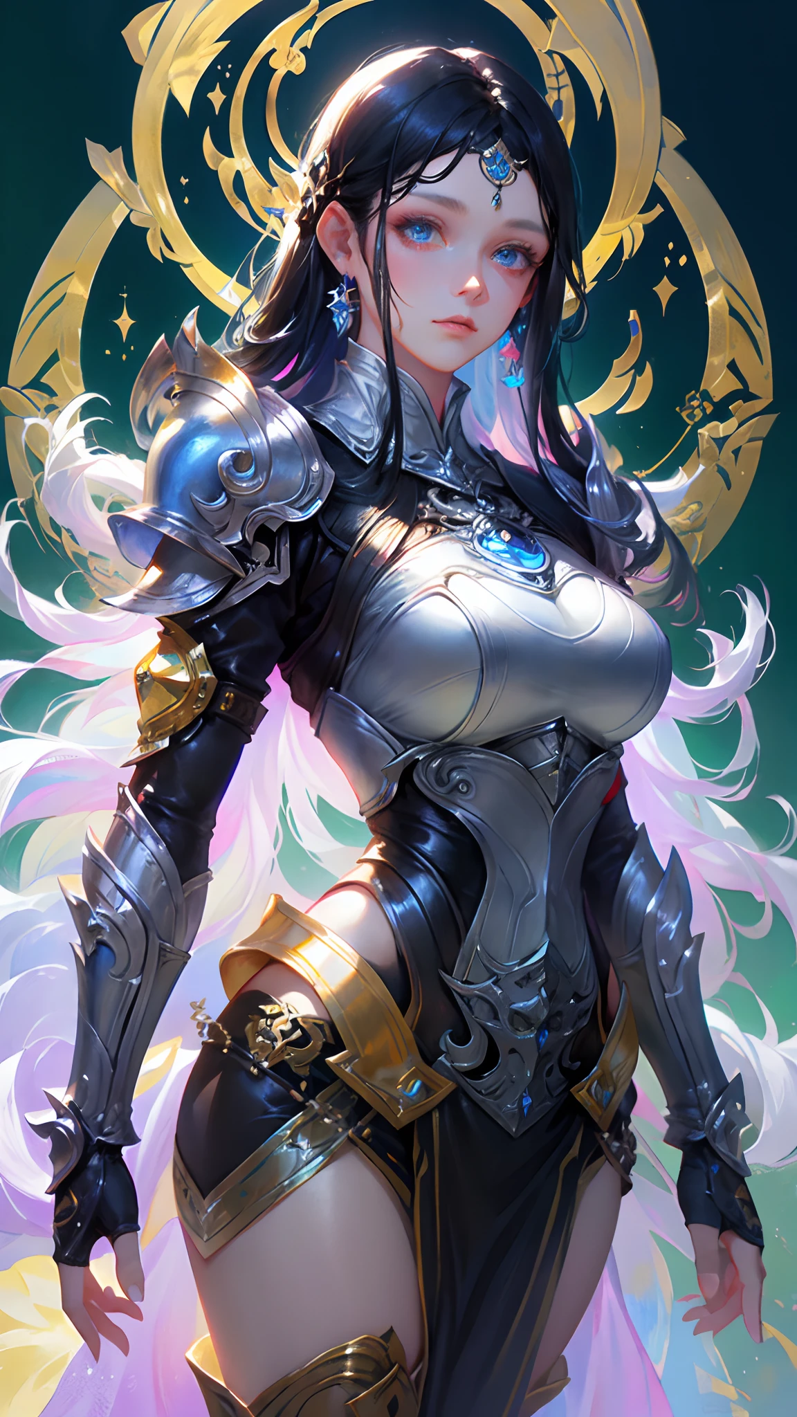 1girl, depth of field, official art, unity 8k wallpaper, ultra detailed, illustration, beautiful and aesthetic, masterpiece, best quality, knight, (big breasts), (milf, mature female), (black armor, armor, breastplate), beautiful face, (long hair, black hair,  very straight hair:1.4, hime cut:1.4), blue eyes, cowboy shot, glowing skin, back lighting, athletic figure, muscular female, curvy, wide hips, colorful, looking at viewer, Hyperrealistic, gradient background, dark background, outline, fantasy, from the front, watercolor, traditional media, (chromatic aberration, intricate details)