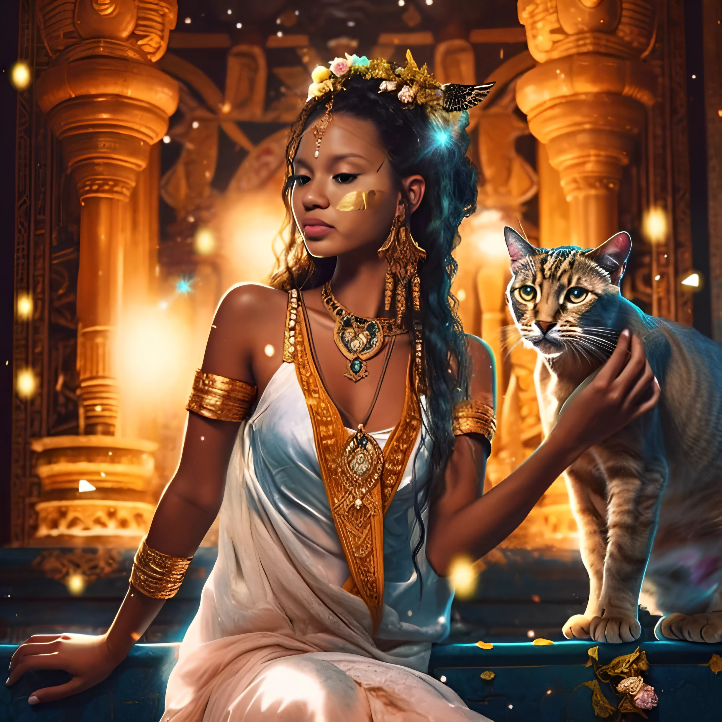 There's a woman sitting on a bench with a cat, egyptian cat goddess, pele escura deusa feminina do amor, epic 3 d oshun, gorgeous goddess of leo, Um retrato impressionante de uma deusa, Artgerm Julie Bell Beeple, retrato bonito da arte da fantasia, Graphic artist Magali Villeneuve, Bastet, Directed by: John La Gatta, deusa bonita