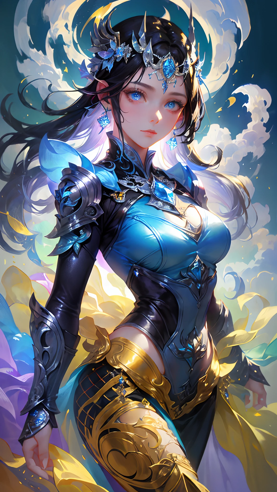 1girl, depth of field, official art, unity 8k wallpaper, ultra detailed, illustration, beautiful and aesthetic, masterpiece, best quality, knight, (big breasts), (milf, mature female), (black armor, armor, breastplate), beautiful face, (long hair, black hair,  very straight hair:1.4, hime cut:1.4), blue eyes, cowboy shot, glowing skin, back lighting, athletic figure, muscular female, curvy, wide hips, colorful, looking at viewer, Hyperrealistic, gradient background, dark background, outline, fantasy, from the front, watercolor, traditional media, (chromatic aberration, intricate details)