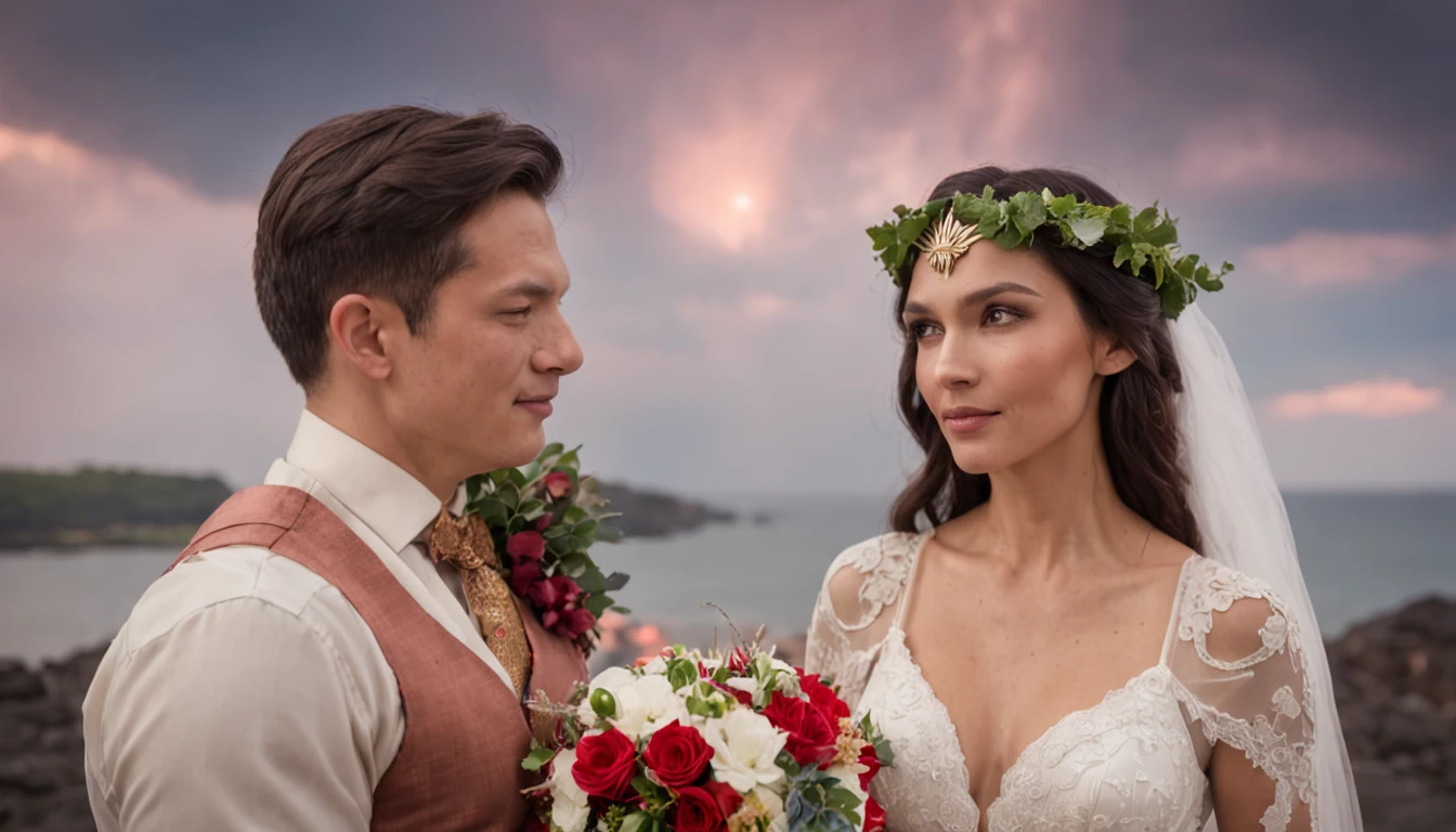 The wedding ceremony between the Incredible Hulk and Wonder Woman, ambientada em um reino celestial acima das nuvens, The couple surrounded by floating islands and bright constellations, Their costumes are a mixture of earthly and divine elements, A sense of wonder and magic fills the air, Arte Digital, using vibrant colors and ethereal lighting