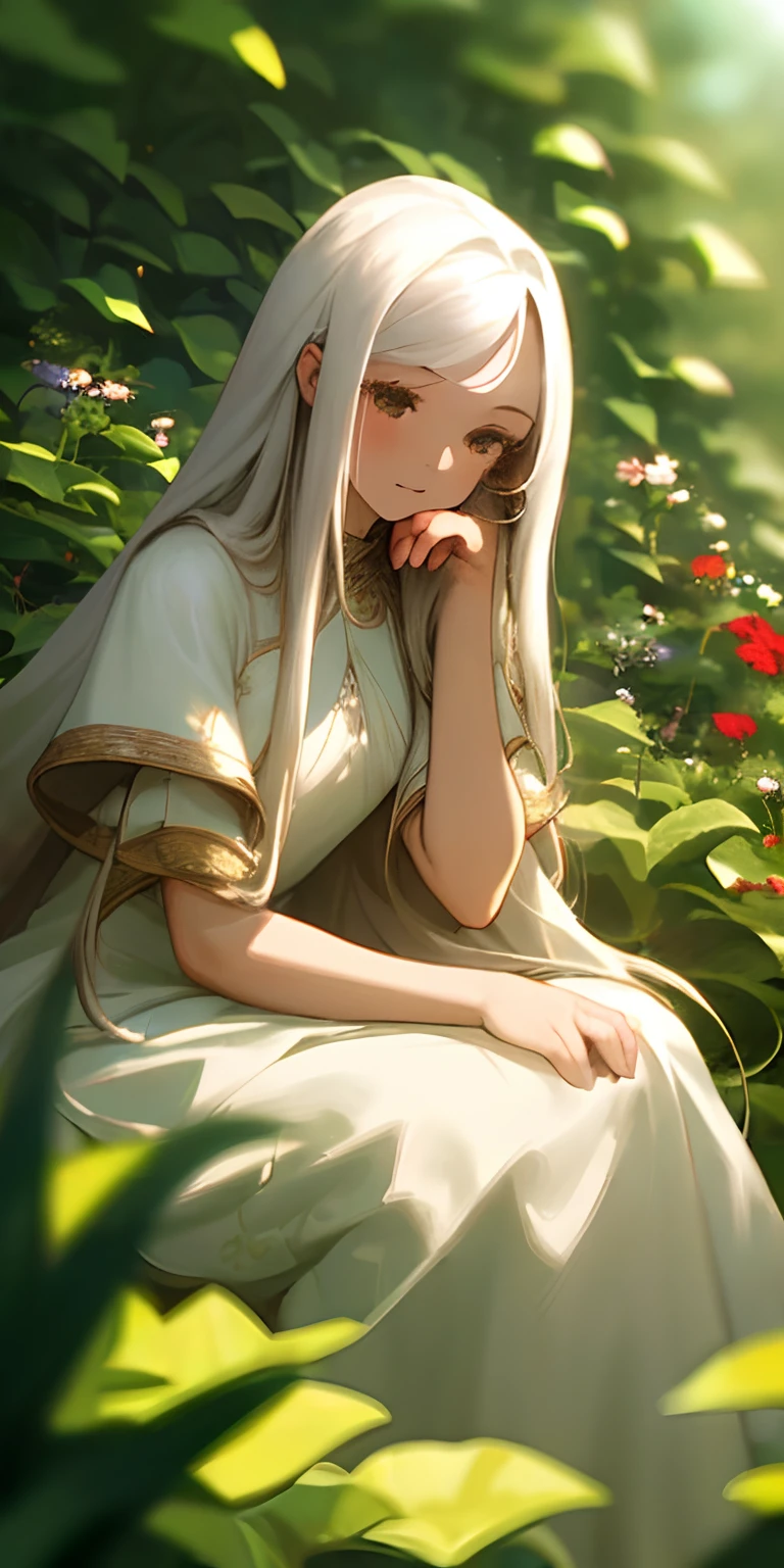 (masterpiece, best quality),1girl with long white hair sitting in a field of green plants and flowers, her hand under her chin, warm lighting, white dress, blurry foreground
