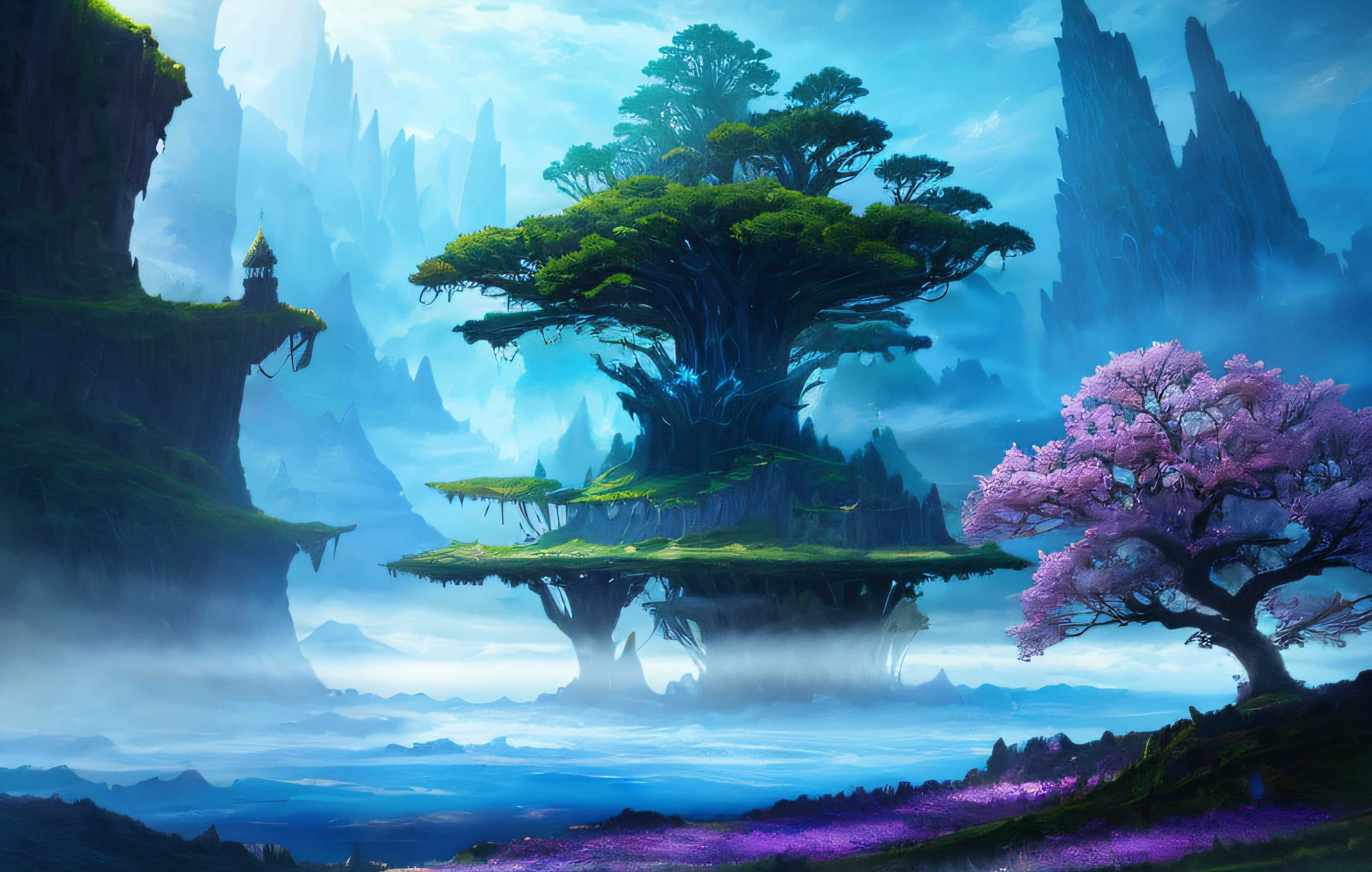 A mystical and epic landscape, featuring a fantastical and surreal world of floating islands, giant trees, and mythical creatures, that transport the viewer to a world of imagination and wonder, artstation, digital art, intricate, trending, bright colors,4K