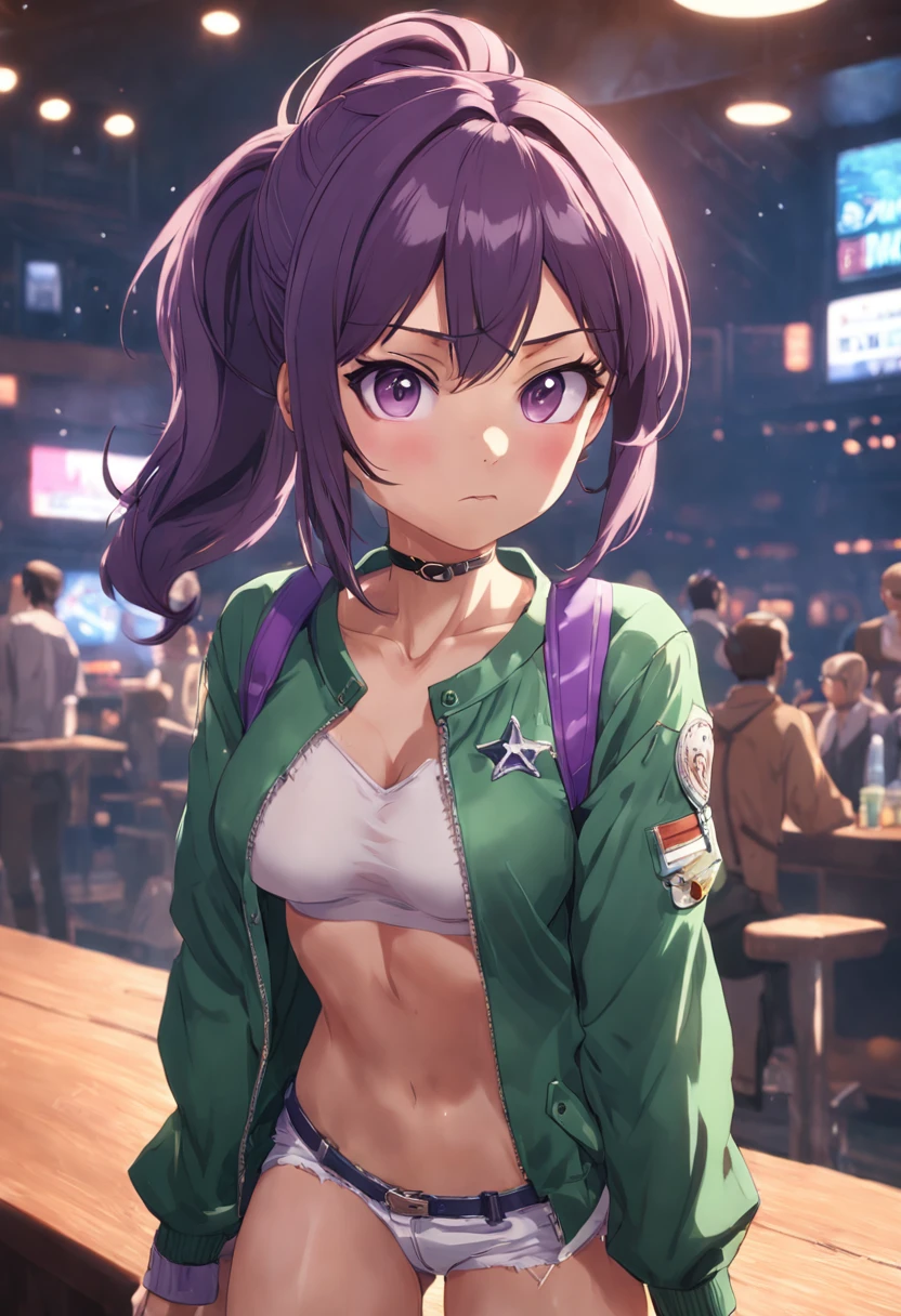 1girl, cowboy shot, beautiful zenin_maki,ponytail,glasses,bangs,green hair,brown eyes,purple jacket,  white shorts, medium breast, cowboy shot, indoors , volumetric lighting, best quality, masterpiece, intricate details, tonemapping, sharp focus, hyper detailed, trending on Artstation,