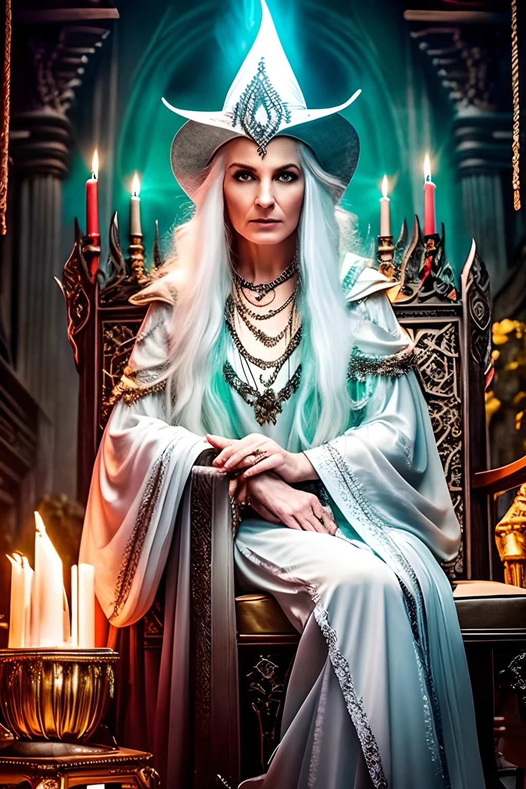 color photo of: A white-haired and aged witch, adorned in a pointed wizard's hat, sitting on a regal Cardelou chair, with a wise Sonystr Crow perched on her shoulder. She is captured in the midst of casting a spell, as magical energy ripples through the air. The faint whispers of ancient incantations can almost be heard.
mystical atmosphere, vibrant colors, ethereal lighting, Nikon Z7 II camera, Adobe Photoshop software, J.R.R. Tolkien, J.K. Rowling, Neil Gaiman, Alexander McQueen, Dolce & Gabbana --auto
