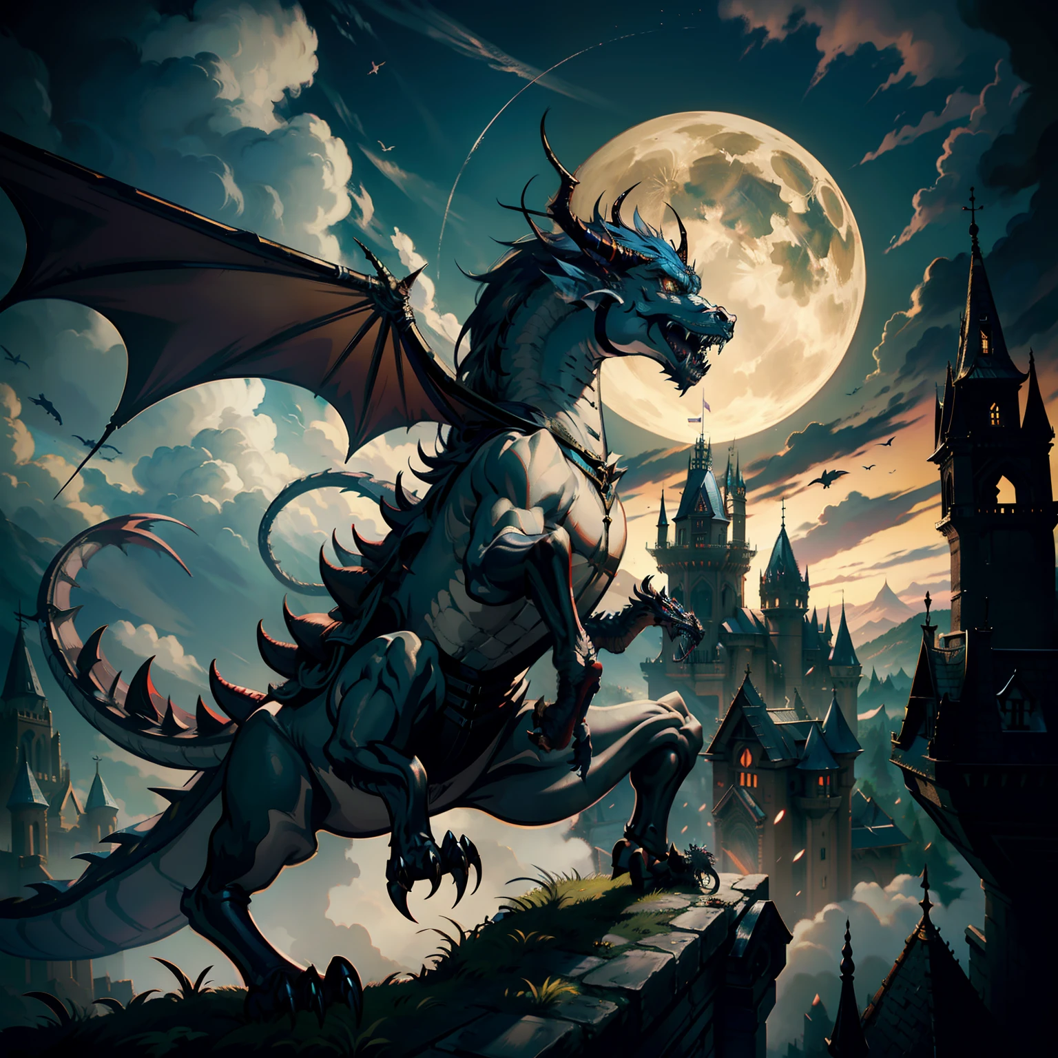 Castlevania Lord of the shadows great Legendary roaring Dragon on top of castle hyper realistic super detailed Dynamic pose shots