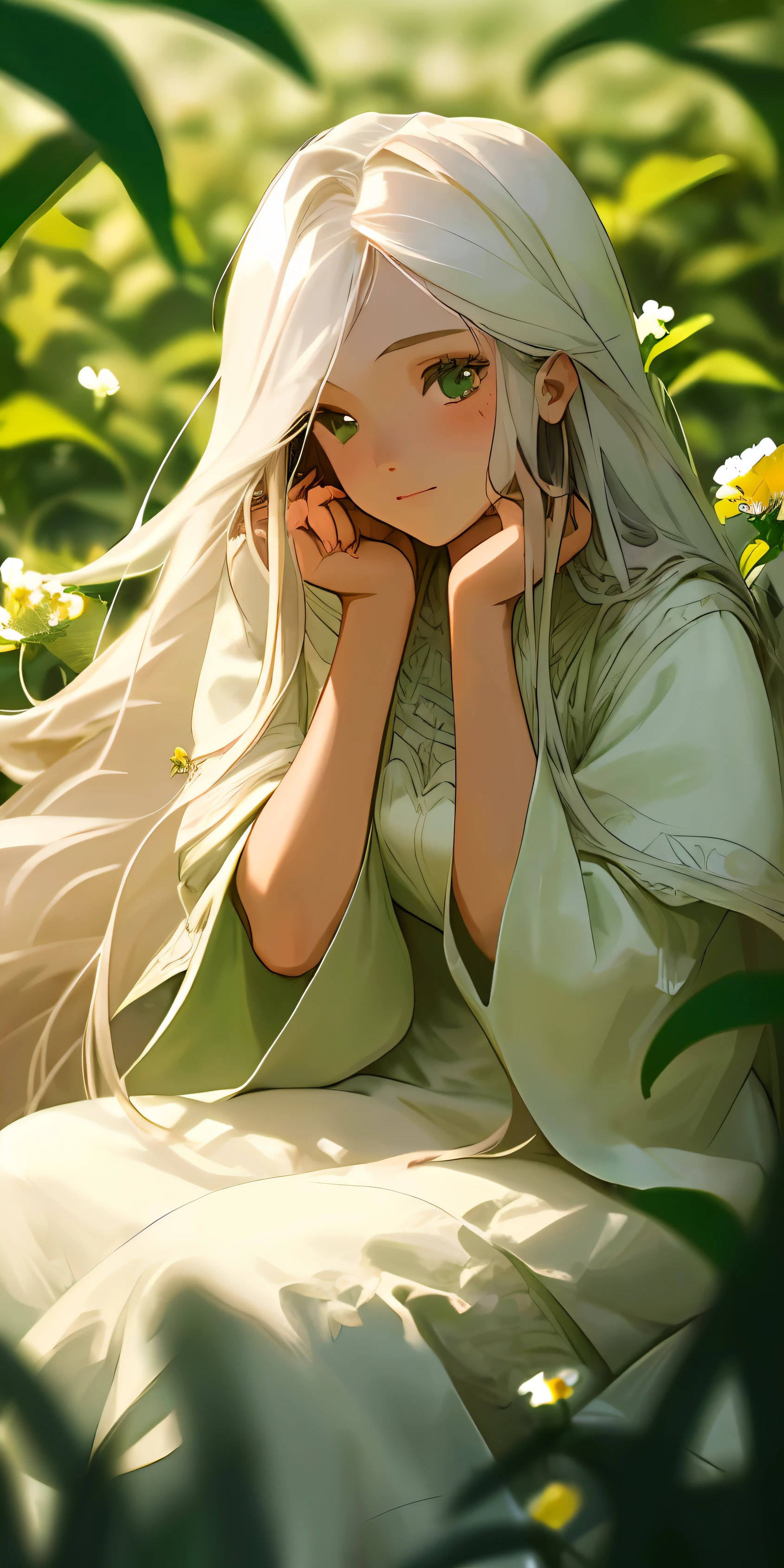 (masterpiece, best quality),1girl with long white hair sitting in a field of green plants and flowers, her hand under her chin, warm lighting, white dress, blurry foreground