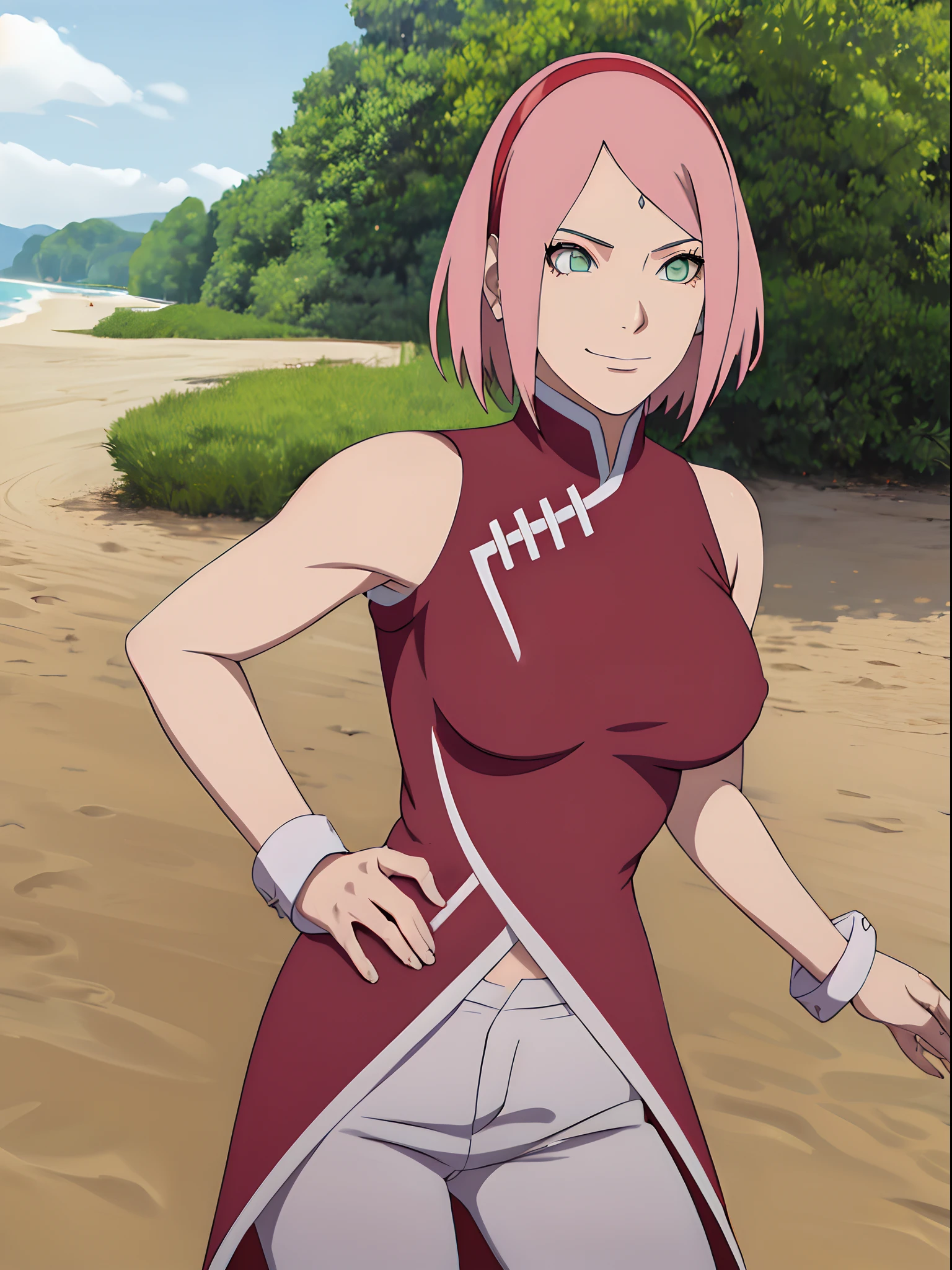 sakura shippuden,Red clothes、 exposed、Bandaged leg, skirt,bangs, Green Eyes, Big Breasts, Forehead protector, Symbol of Konohagakure, Black gloves, perfection, masterpiece, (highest quality, High resolution:1.2), One Girl, Beautiful details, Beautiful lip detail, Highly detailed eyes and face, Long eyelashes, Moderate:Oil, Vibrant colors, High resolution, Studio Lighting, Ultra-fine painting, Sharp focus, Physically Based Rendering, Very detailed explanation, Portraiture, ((Well-formed fingers)), Bent body, Big Breasts, perfectionな形, In-person audience, Sweatをかいた,  ((Expose、 torn clothes、cloth pieces、White Breath、blush、Embarrassing、Shaking breasts、Bouncing chest、Through clenched teeth、飛び散るSweat、Torn clothes、Both armpits exposed、Raise your arms、Expose、Nipples、exploding clotheedium sized breasts、Large areola、Sweat、Expose)),  Outdoor、Rocky area、((torn clothes、ripped clothes 、cloth pieces、White Breath))