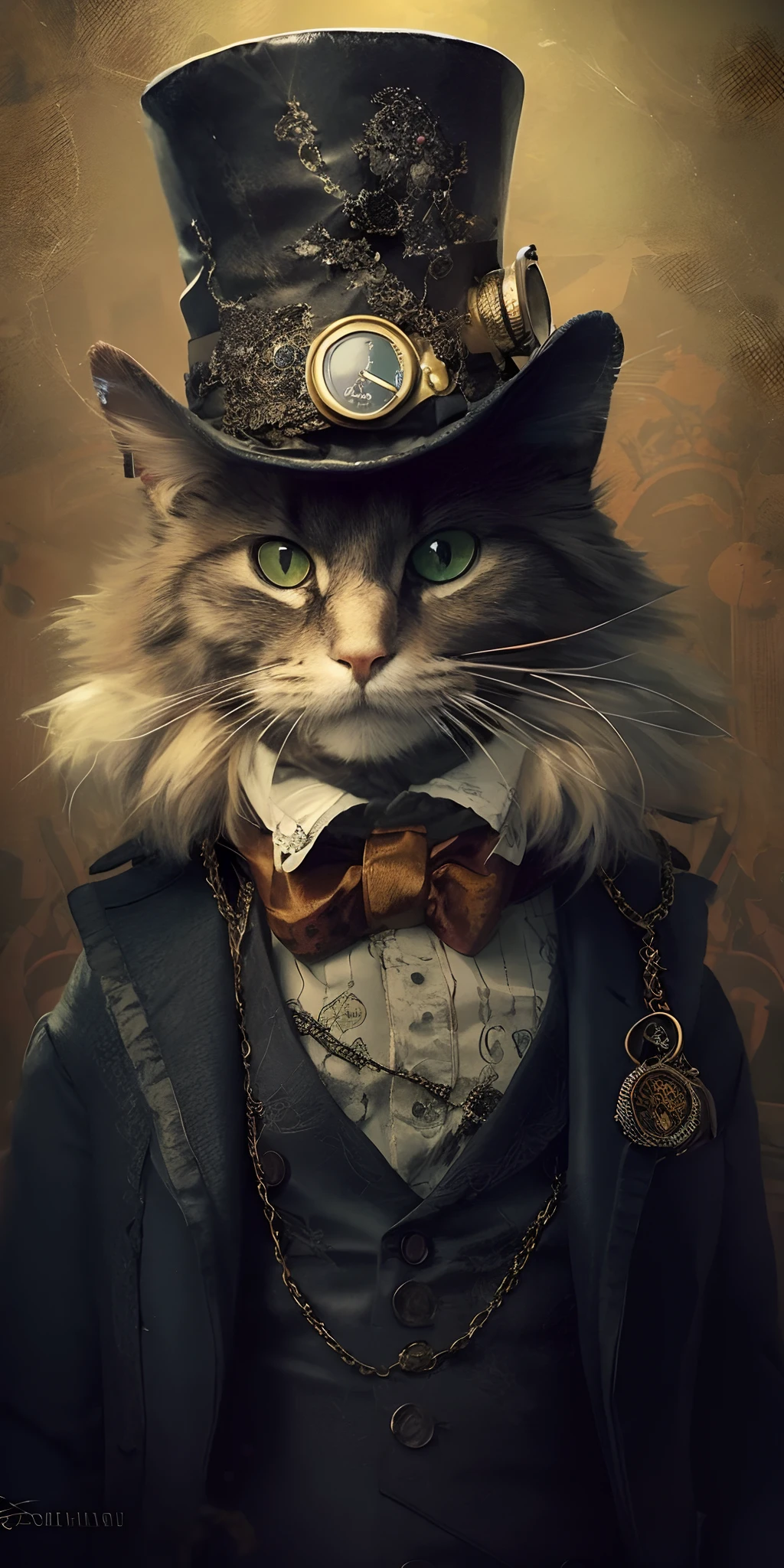 Arafed cat in a top hat and a suit with a chain, steampunk cat, anthro cat, Steampunk Cat Girl Portrait, Elegant cat, Cute chintz cat in steampunk style, cat wearing a top hat, anthro cat, High-quality steampunk art, steampunk digital art, digital steampunk art, A worthy aristocrat, steampunk male portrait