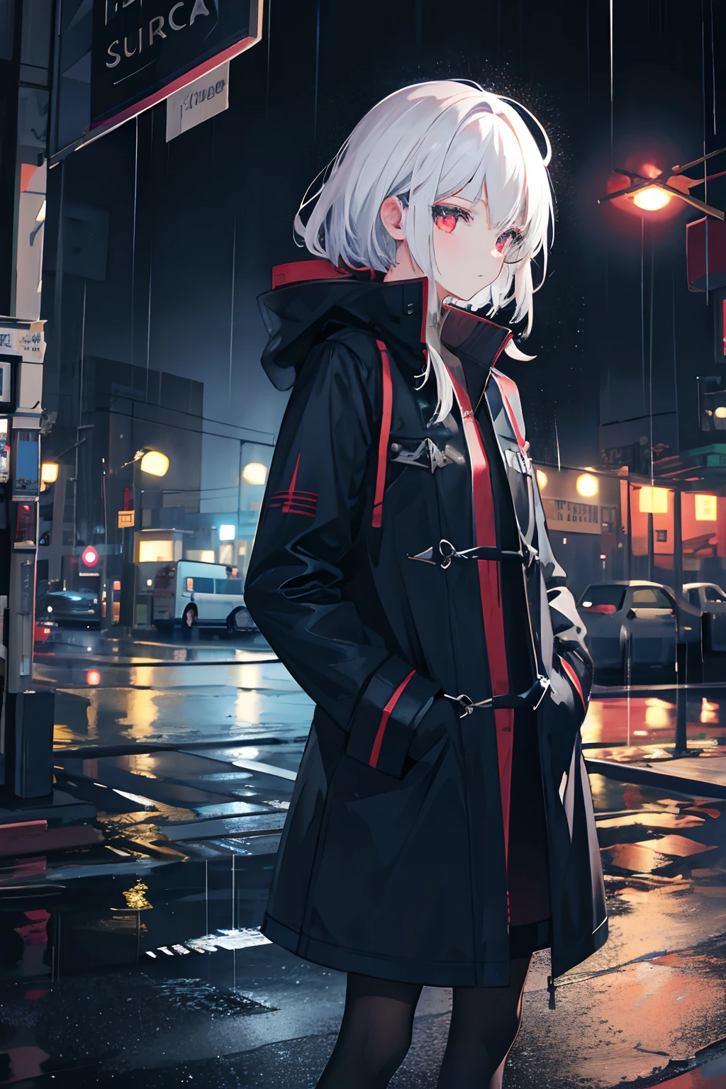 1girl, Night City, rain, coat, hands in pockets