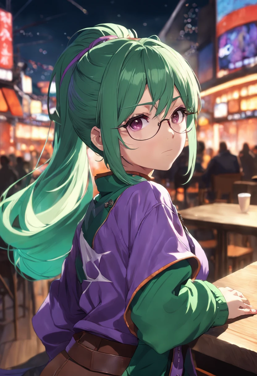 1girl in, Cowboy Shot, beautiful zenin_Maki,Ponytail,Glasses,Bangs,Green hair,Brown eyes,Purple jacket, medium breasts, Cowboy Shot, Coffee , Volumetric lighting, Best Quality, masutepiece, Intricate details, tonemapping, Sharp Focus, Hyper Detailed, Trending on ArtStation,