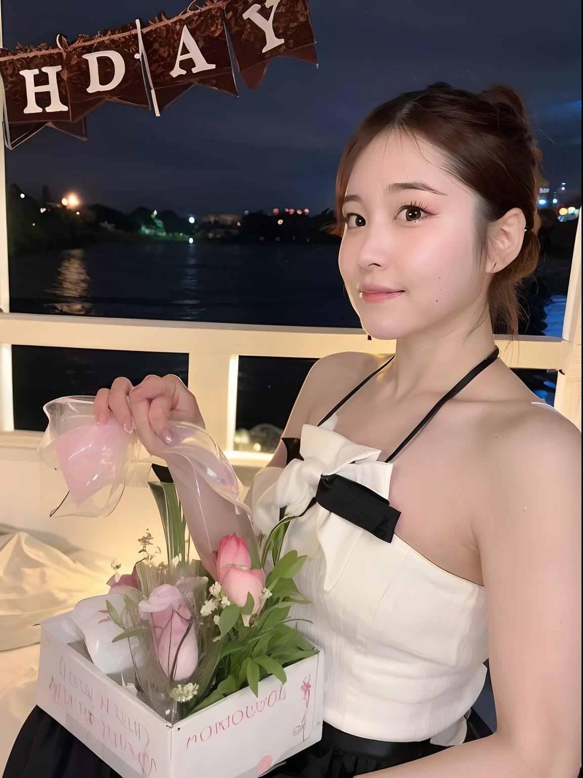 there is a woman holding a box with flowers in it, with flowers, in the evening, 奈良美智, early evening, chiho, in night, lovely woman, 🤬 🤮 💕 🎀, Middle metaverse, dilraba dilmurat, unknown artist, beautiful aesthetic, 2 7 years old