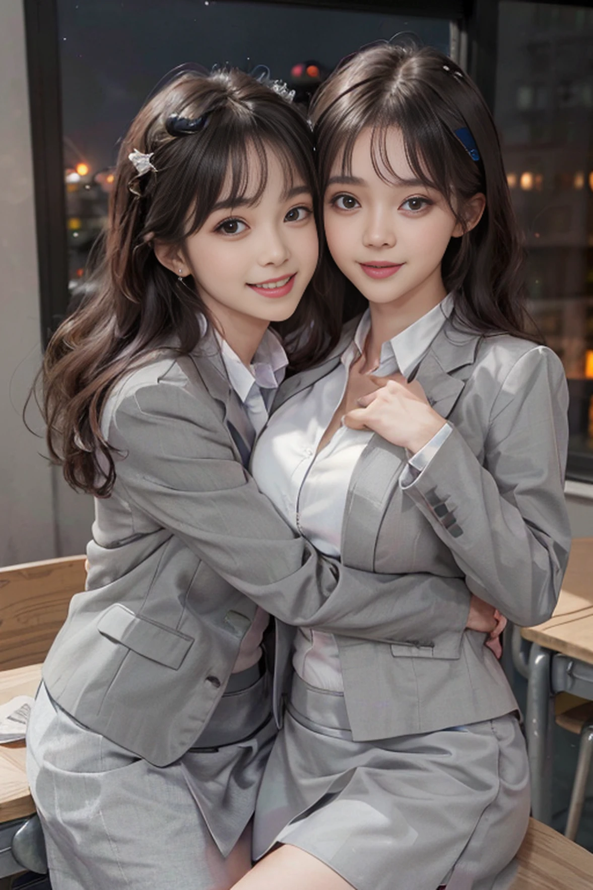 (RAW 8K photo, Best quality), (Realistic, photo-realistic:1.2), 2girls, High quality, (highdetailskin:1.4), Two girls hugging,upper body,(downward smile:1.2),(night:1.2)The chests squeeze against each other,huge tit,((grey blazer,white shirt,short grey skirt:1.2)),ulzzang, 17 years,In the classroom,