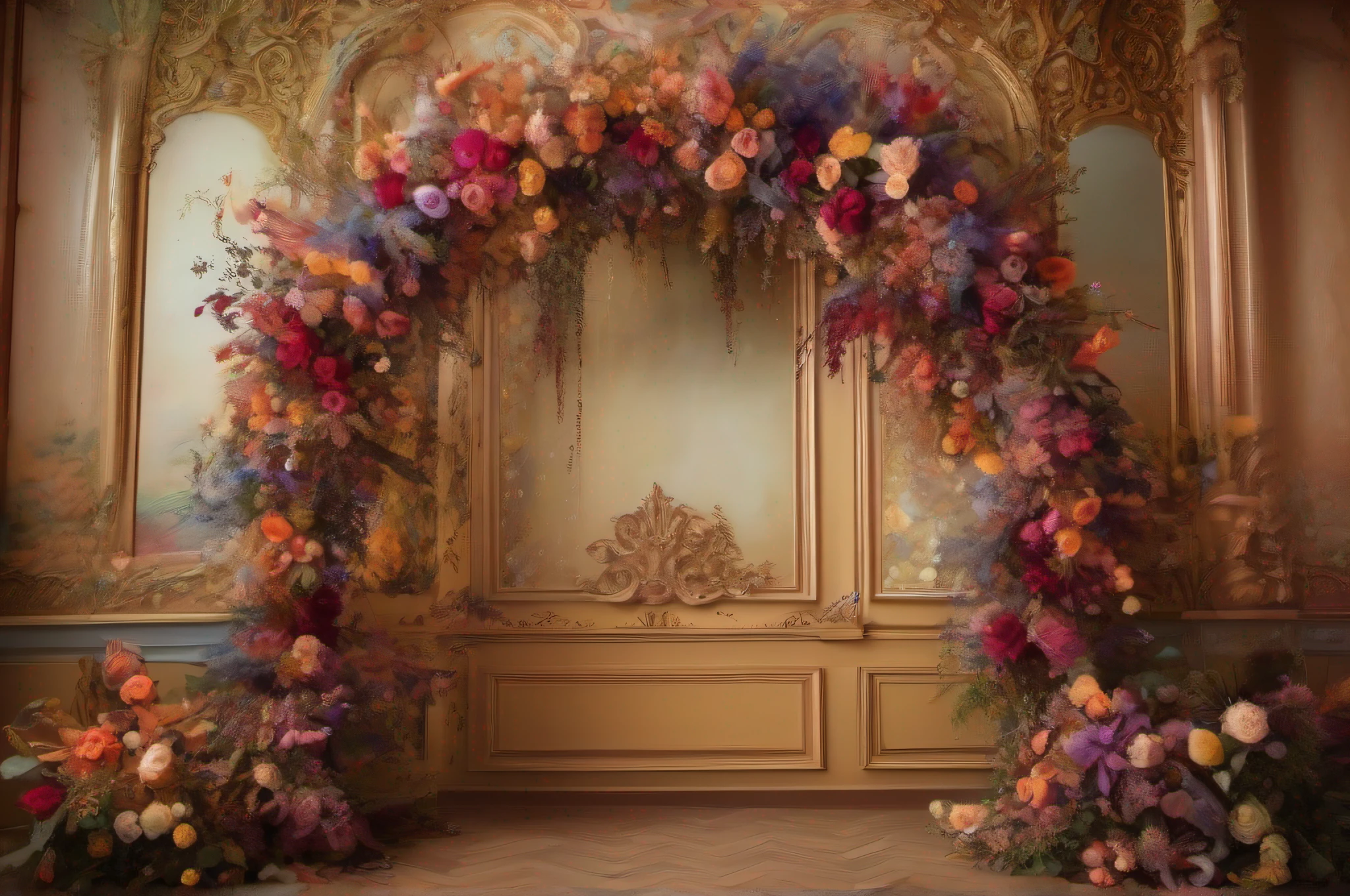 there is a large floral arch with a mirror in the background, botanical rainbow backdrop, stunning arcanum backdrop, made of dried flowers, made of colorful dried flowers, dried flowers, ornate backdrop, baroque style painting backdrop, floral environment, floral painted backdrop, magic doorway, ornate and intricate backdrop, floral couture, still life photo of a backdrop
