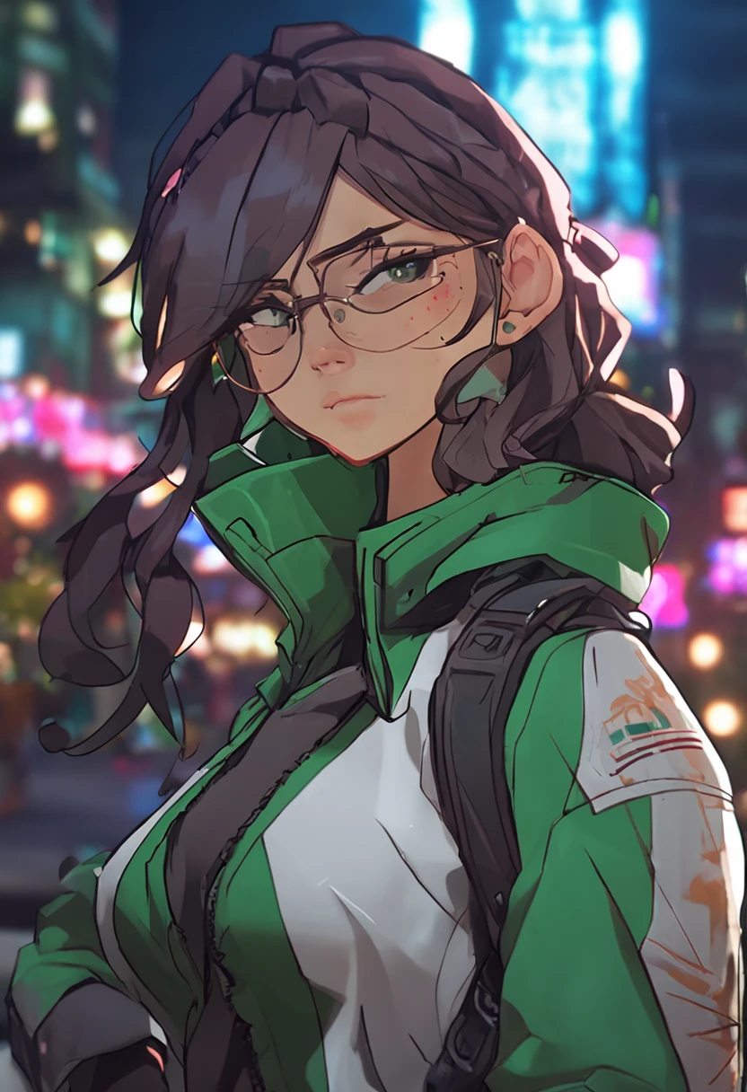 1girl, cowboy shot, beautiful ,zenin_maki,ponytail,glasses,bangs,green hair,brown eyes, outdoors, jujutsu_uniform, night,city , volumetric lighting, best quality, masterpiece, intricate details, tonemapping, sharp focus, hyper detailed, trending on Artstation