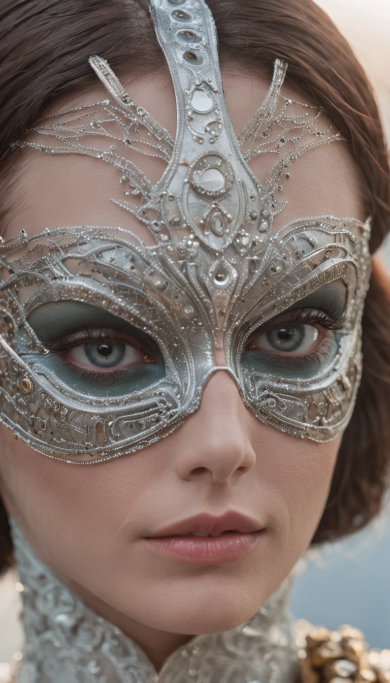 Big Woman with Full Venetian Masquerade Mask.  A female with a sphere, dans un jardin, with a building in the background.