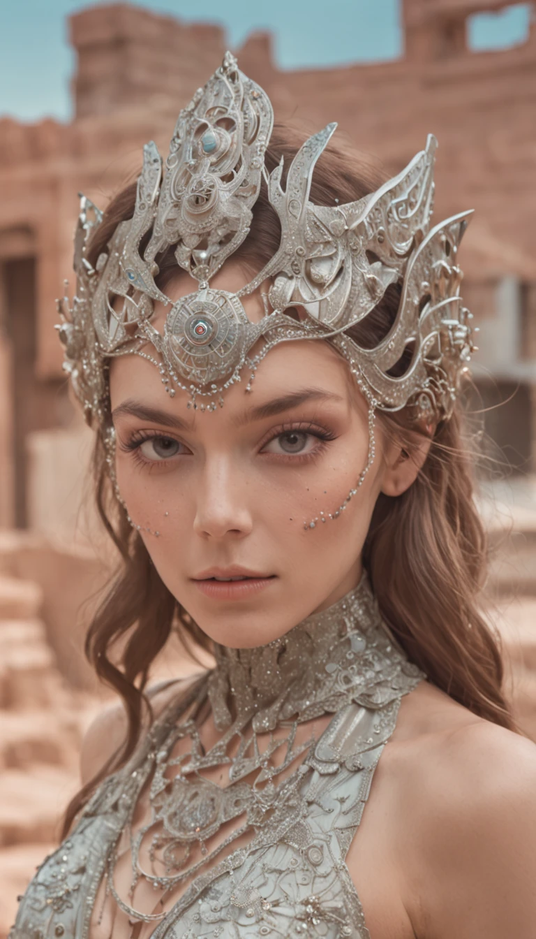 Arte Oficial, Unity 8k papel de parede, Ultra Detalhado, Beautiful and Aesthetic, Beautiful, obra-prima, melhor qualidade, .RAW, foto super fina, super high res, fotorrealista, luz solar, retrato de corpo inteiro, incrivelmente bonito, dinamic pose, rosto delicado, olhos vibrantes, (Vista lateral), There are people wearing weird futuristic masks and wearing extravagant retro fashion outfits and men and women wearing alien makeup and old ornaments with mechanical pets in town, a 1960s science fiction film by Wes Anderson, pastels colors, rosa, azul e verde, Luz Natural, Psicodelia, futurista estranho, foco nítido, Intrinsic, Fuji filmes 55mm, altamente detalhado, rosto detalhado, fundo complexo detalhado ocupado, Messy, lindo, leitoso, pele altamente detalhada, detalhes realistas da pele, visible pores, foco nítido, volumetric mist, 8k UHD, DSLR Camera, alta qualidade, grain of cinematographs, renderizado, Lomografia, Expanding metropolis in a retrofuturistic dystopia, vista de baixo, translucid
